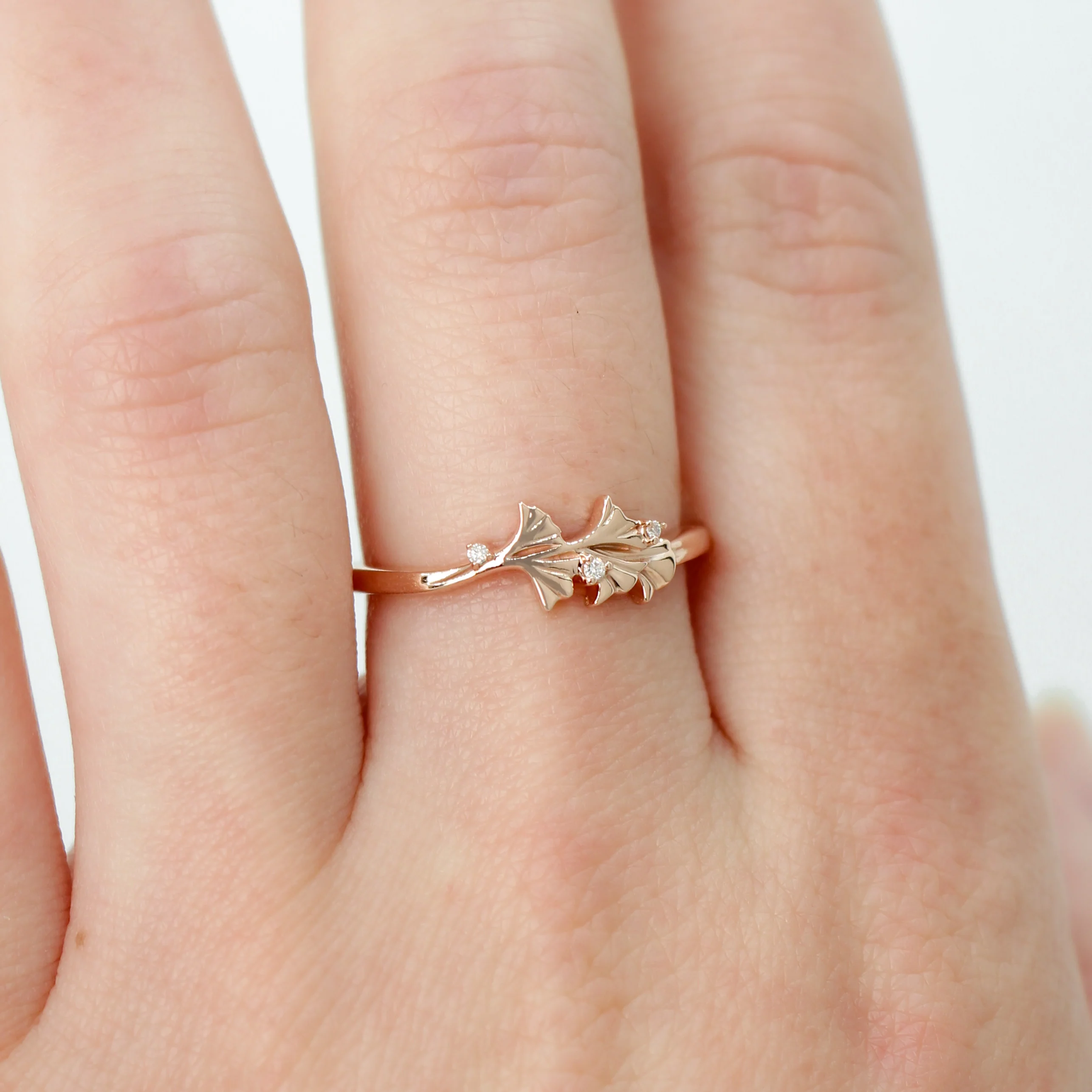 Gingko Leaf Ring with Diamond Accents - Made to Order - Image 8