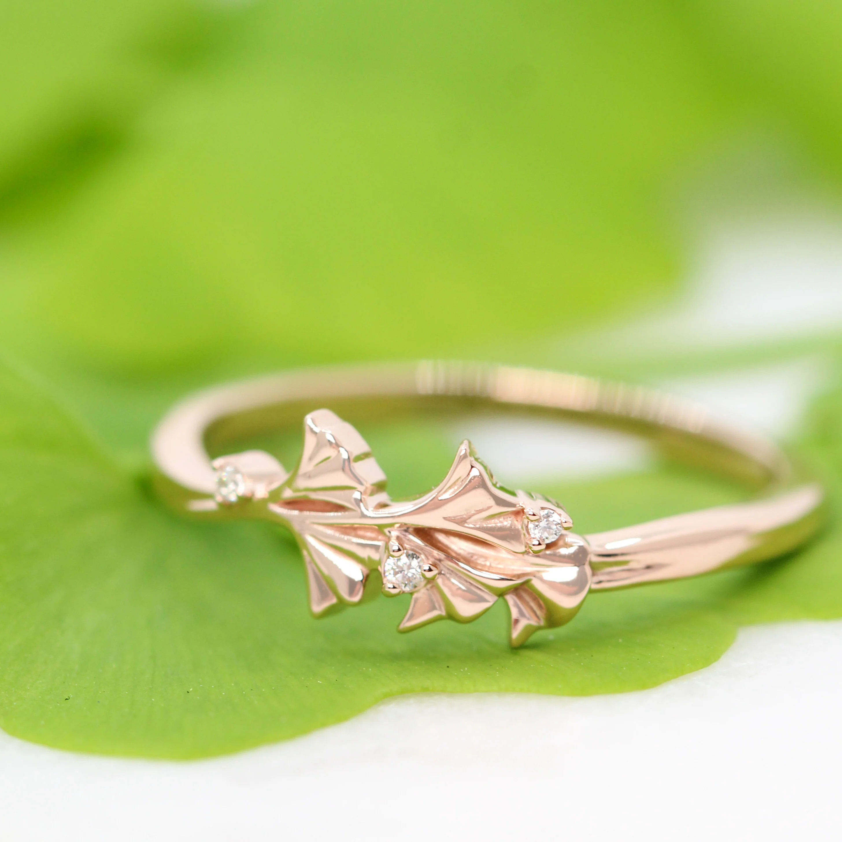 Gingko Leaf Ring with Diamond Accents - Made to Order - Image 9