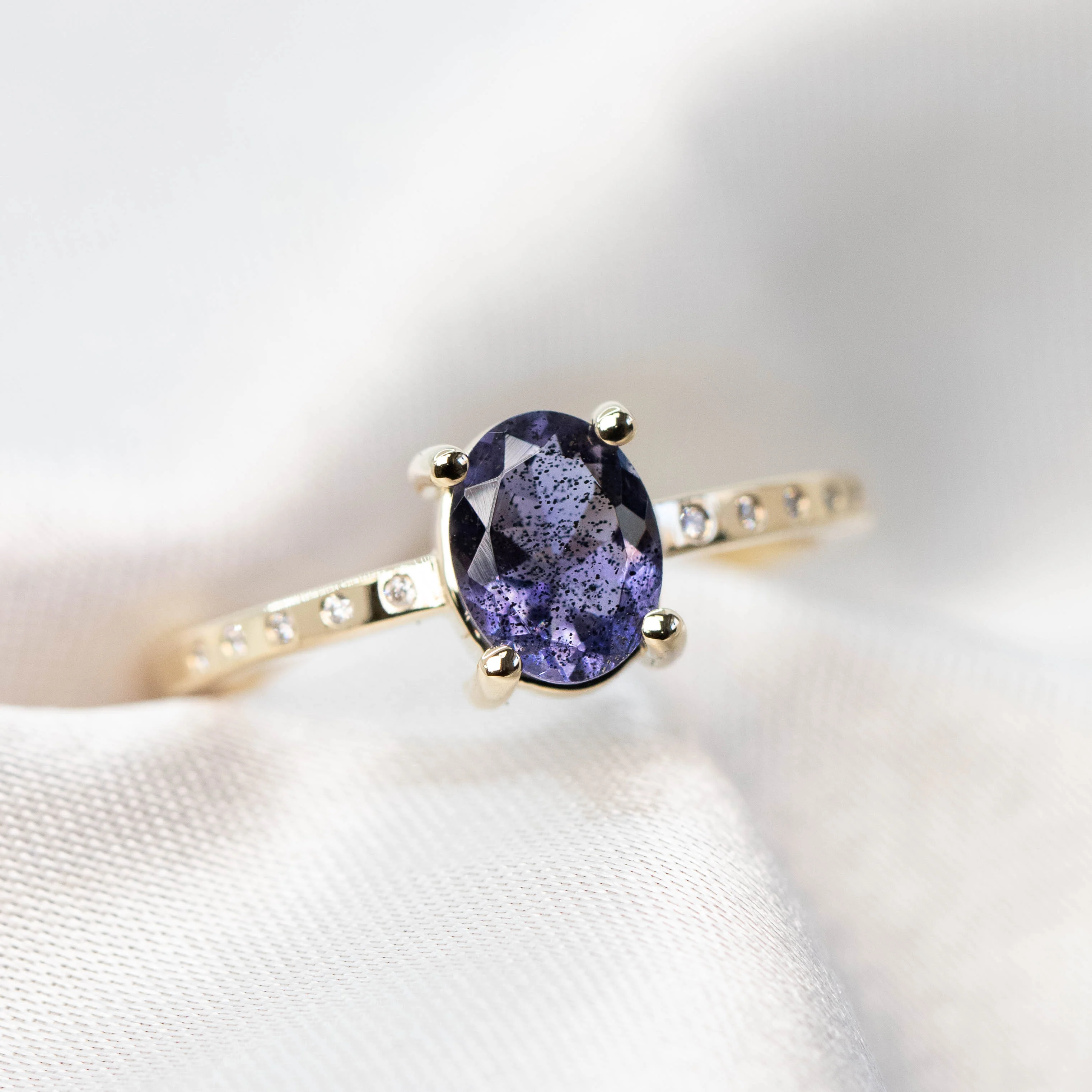 Heath Ring with a 0.74 Carat Oval Iolite and White Accent Diamonds in 14k Yellow Gold - Ready to Size and Ship - Image 8