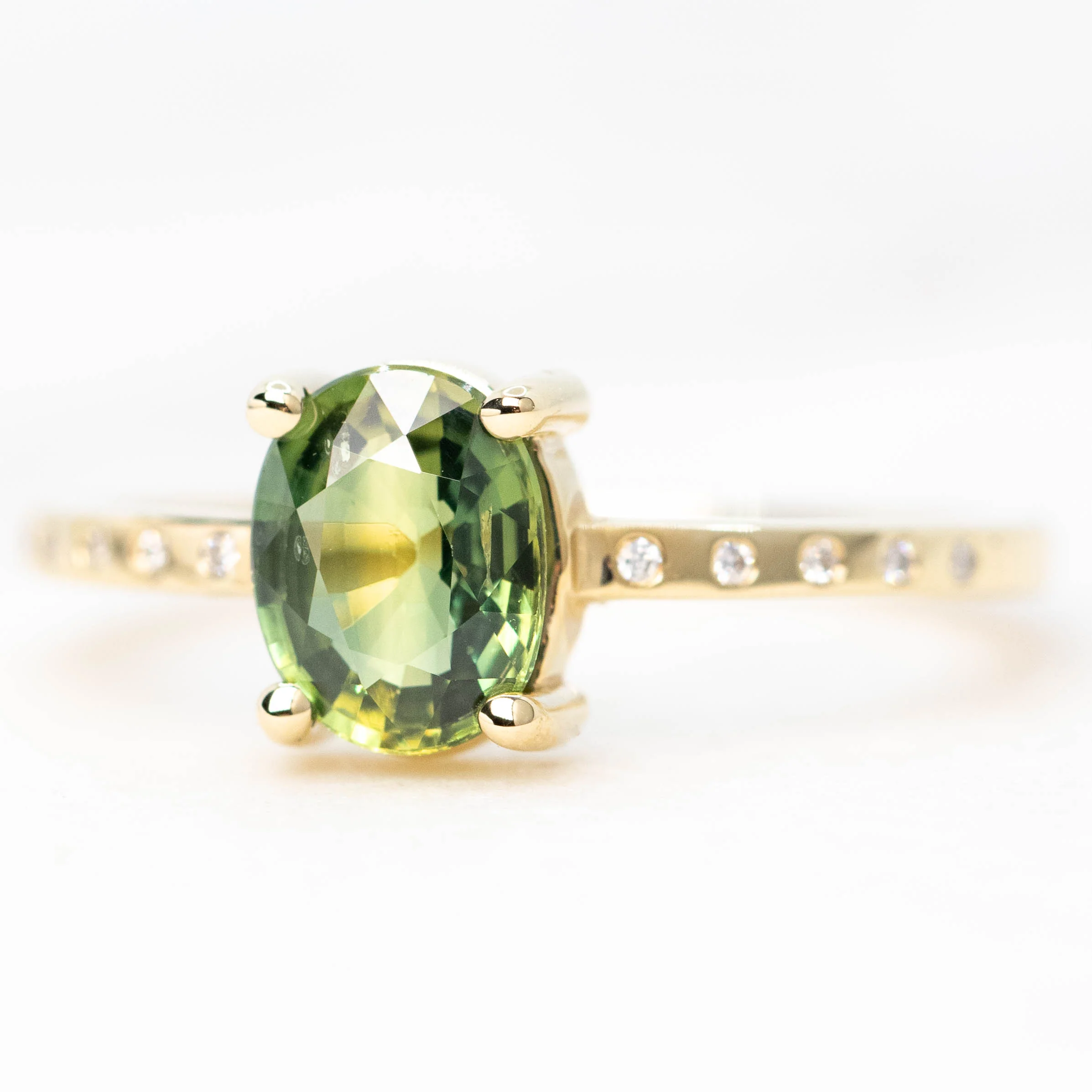 Heath Ring with a 1.20 Carat Green Oval Sapphire and White Accent Diamonds in 14k Yellow Gold - Ready to Size and Ship - Image 3