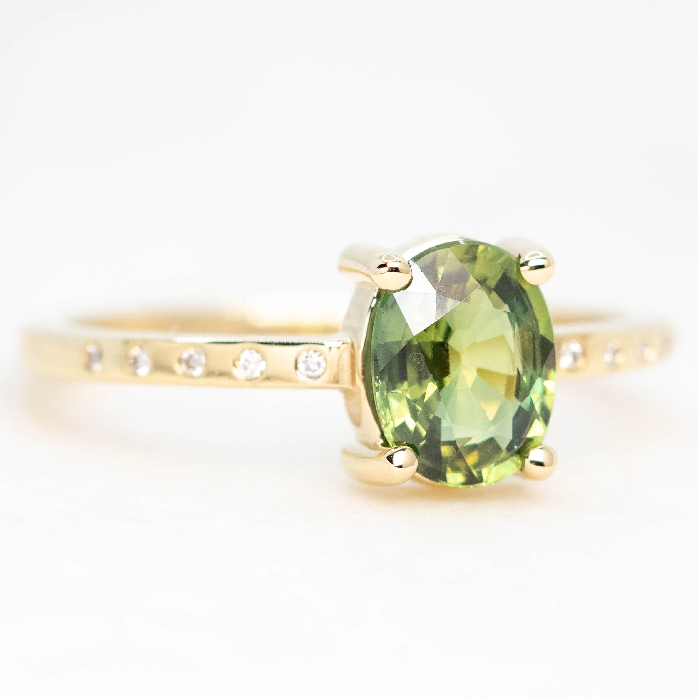 Heath Ring with a 1.20 Carat Green Oval Sapphire and White Accent Diamonds in 14k Yellow Gold - Ready to Size and Ship - Image 4