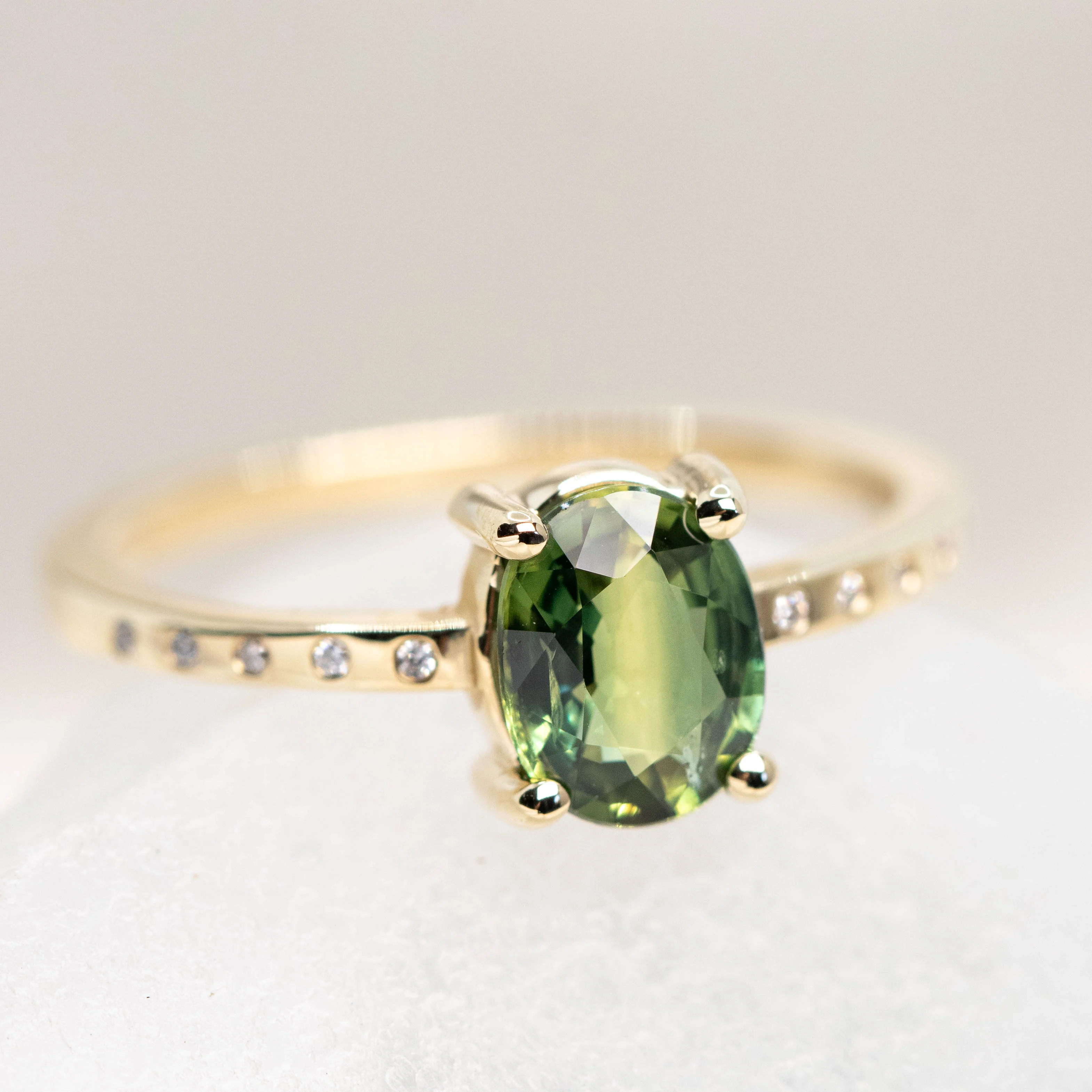 Heath Ring with a 1.20 Carat Green Oval Sapphire and White Accent Diamonds in 14k Yellow Gold - Ready to Size and Ship - Image 8