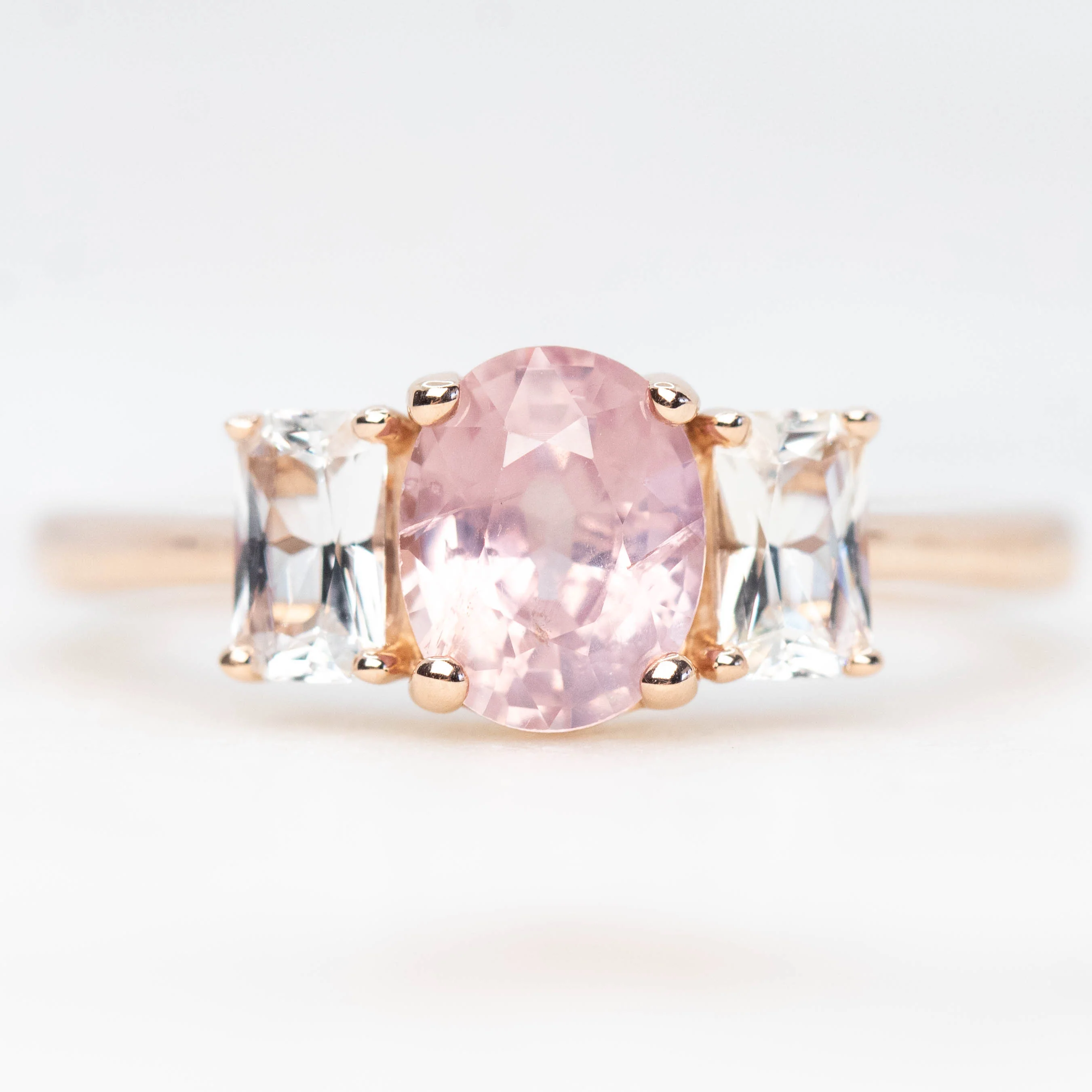 Hellen Ring with a 1.38 Carat Pink Oval Sapphire and White Sapphire Accents in 14k Rose Gold - Ready to Size and Ship