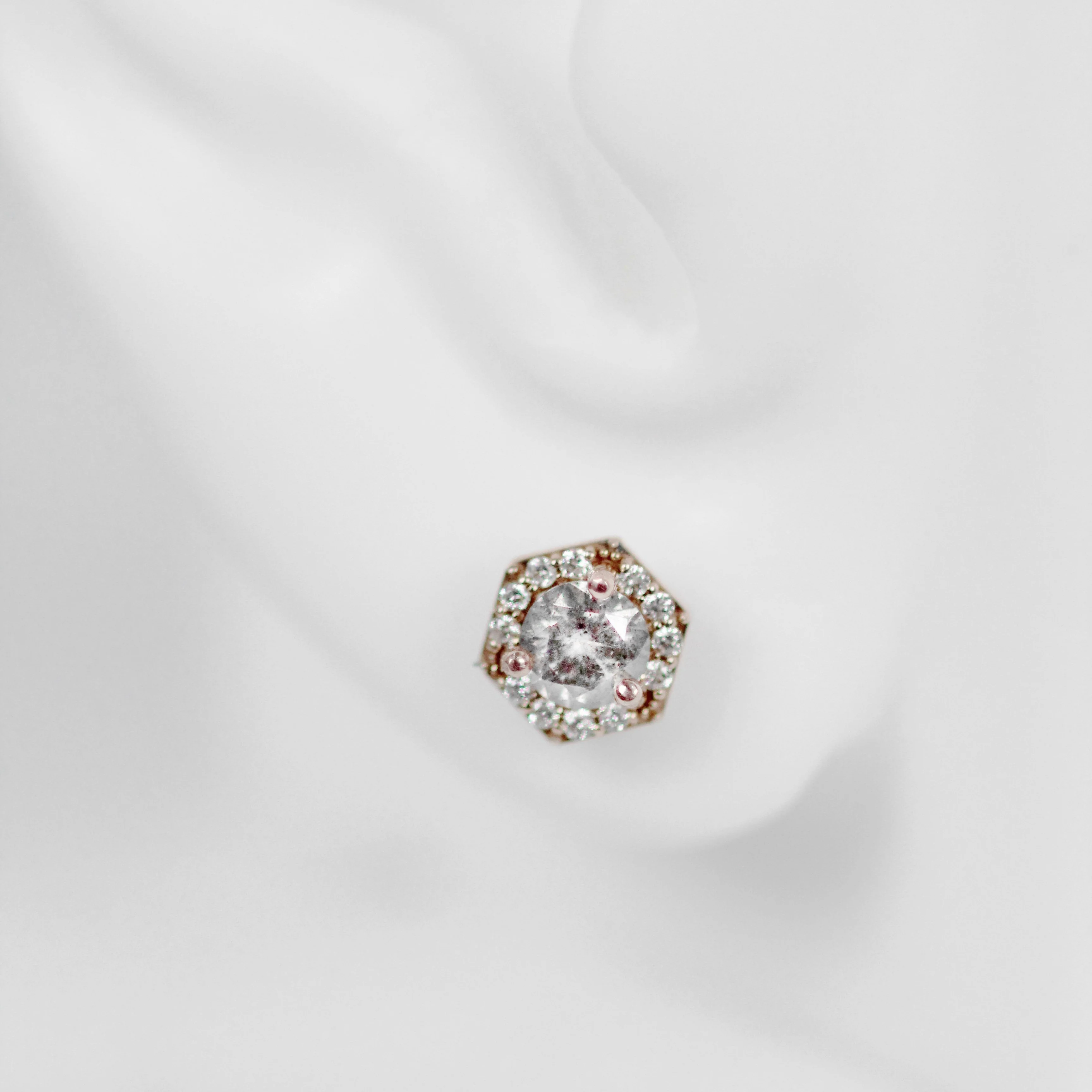 Hexagon Halo Earrings with Light Gray Salt and Pepper Diamonds - Made to Order, Choose Your Gold Tone - Image 3