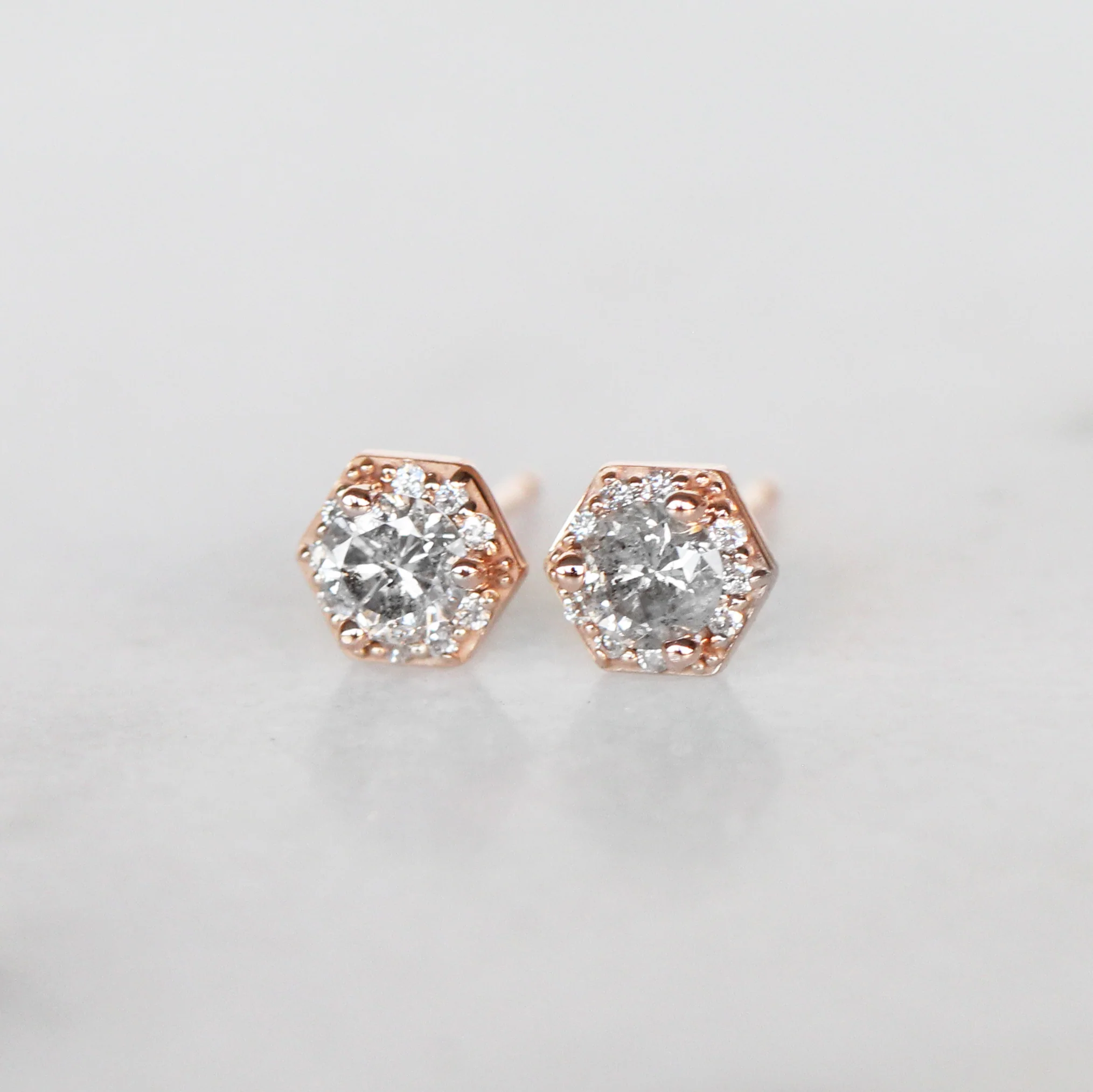 Hexagon Halo Earrings with Light Gray Salt and Pepper Diamonds - Made to Order, Choose Your Gold Tone - Image 4