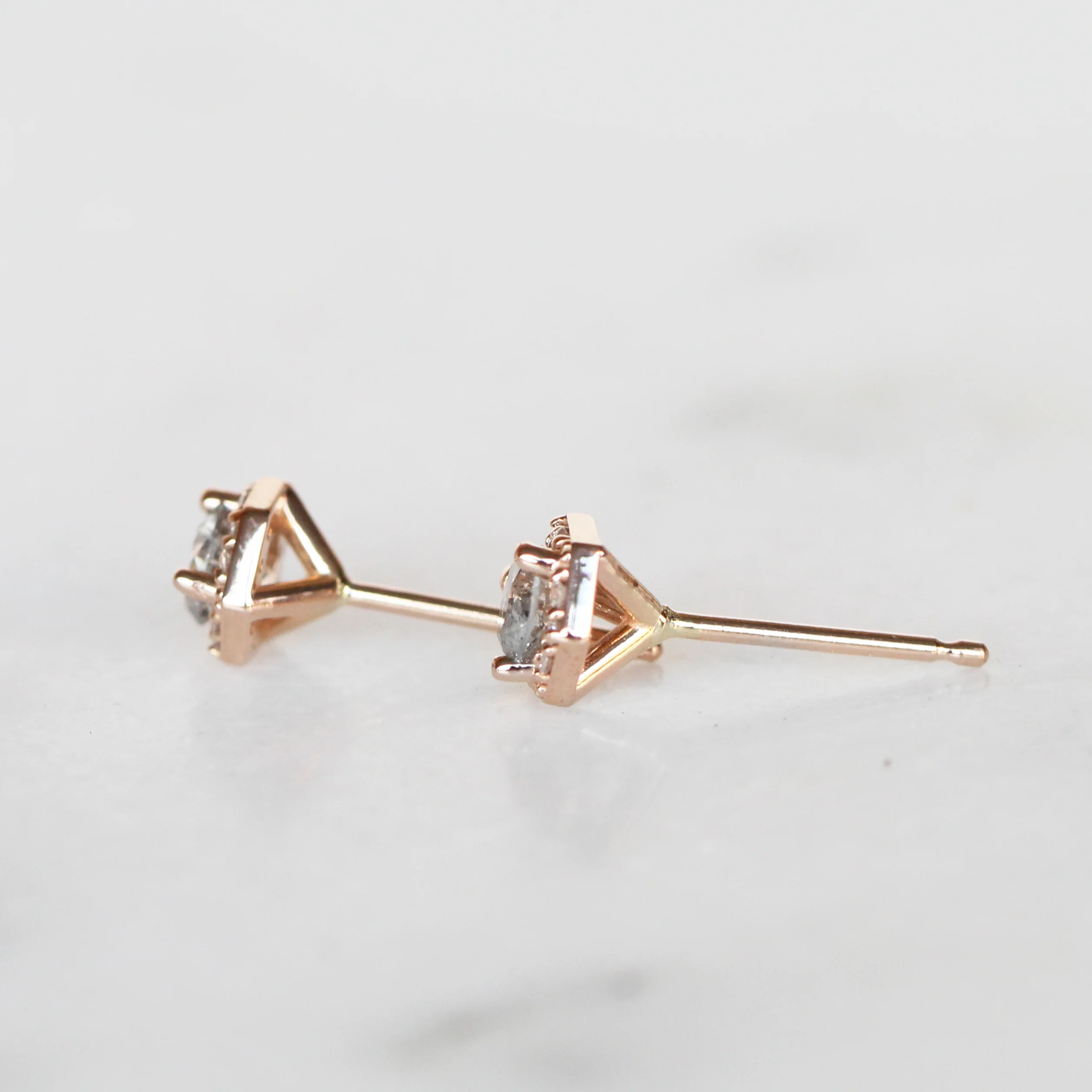 Hexagon Halo Earrings with Light Gray Salt and Pepper Diamonds - Made to Order, Choose Your Gold Tone - Image 5