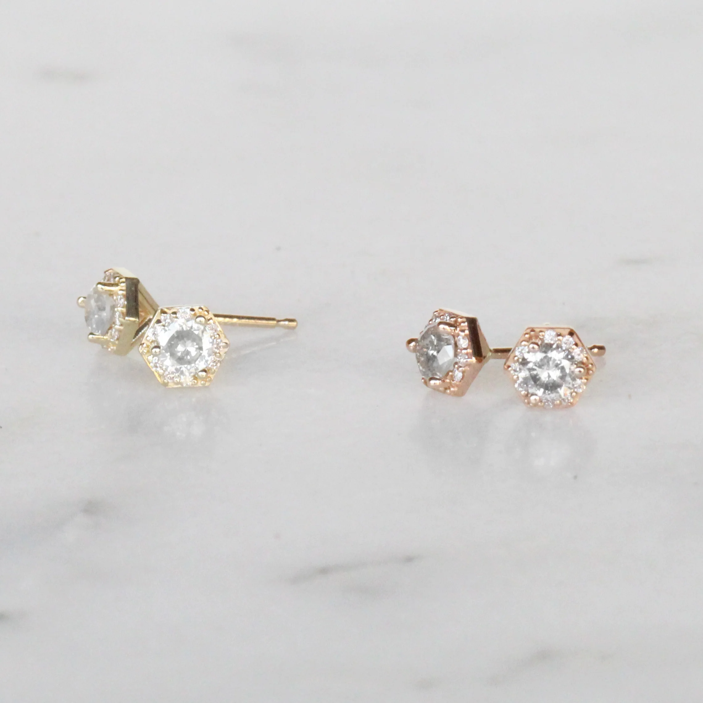 Hexagon Halo Earrings with Light Gray Salt and Pepper Diamonds - Made to Order, Choose Your Gold Tone - Image 6