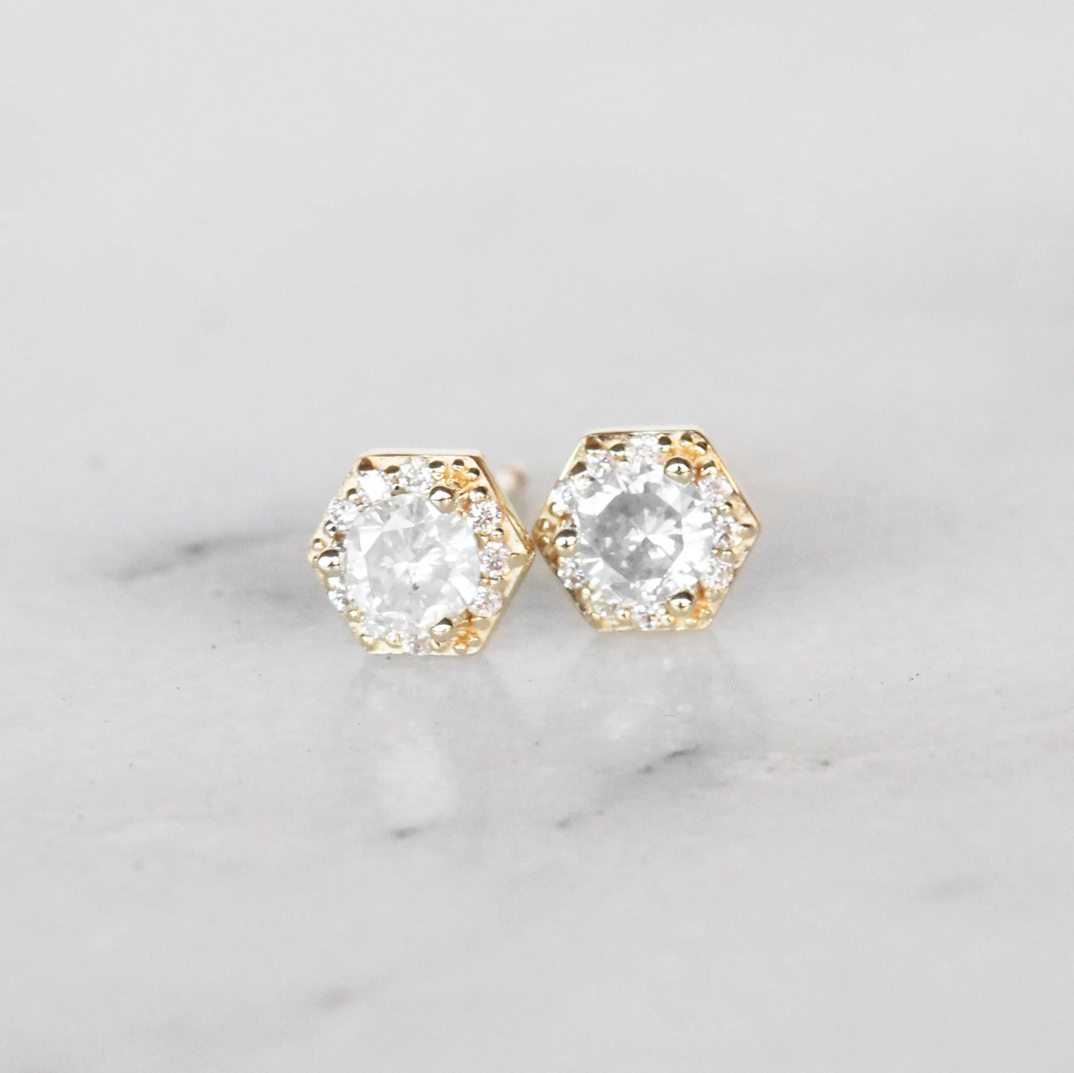Hexagon Halo Earrings with Light Gray Salt and Pepper Diamonds - Made to Order, Choose Your Gold Tone - Image 7