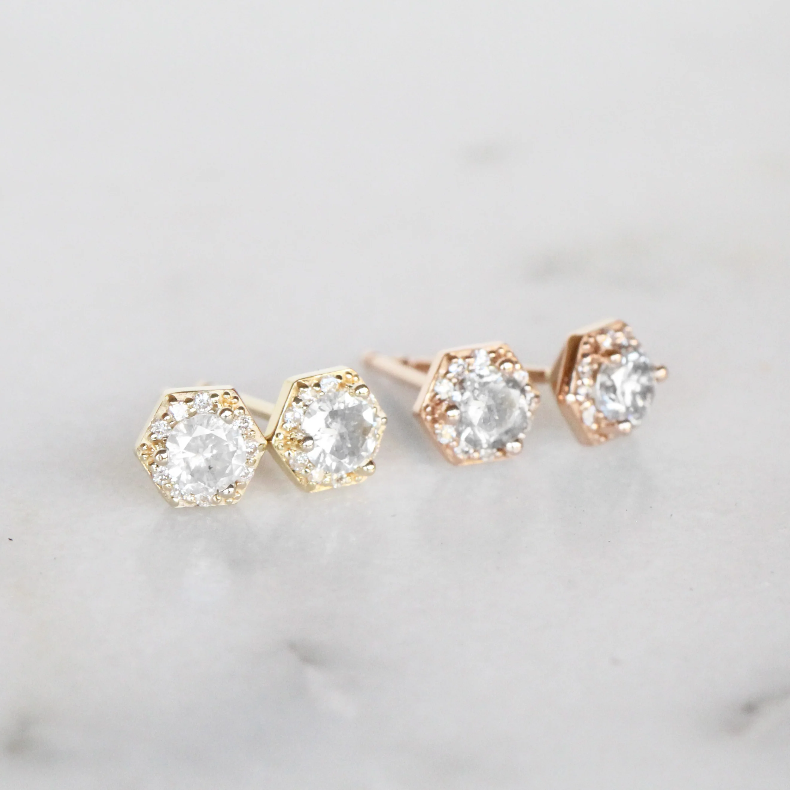Hexagon Halo Earrings with Light Gray Salt and Pepper Diamonds - Made to Order, Choose Your Gold Tone - Image 8