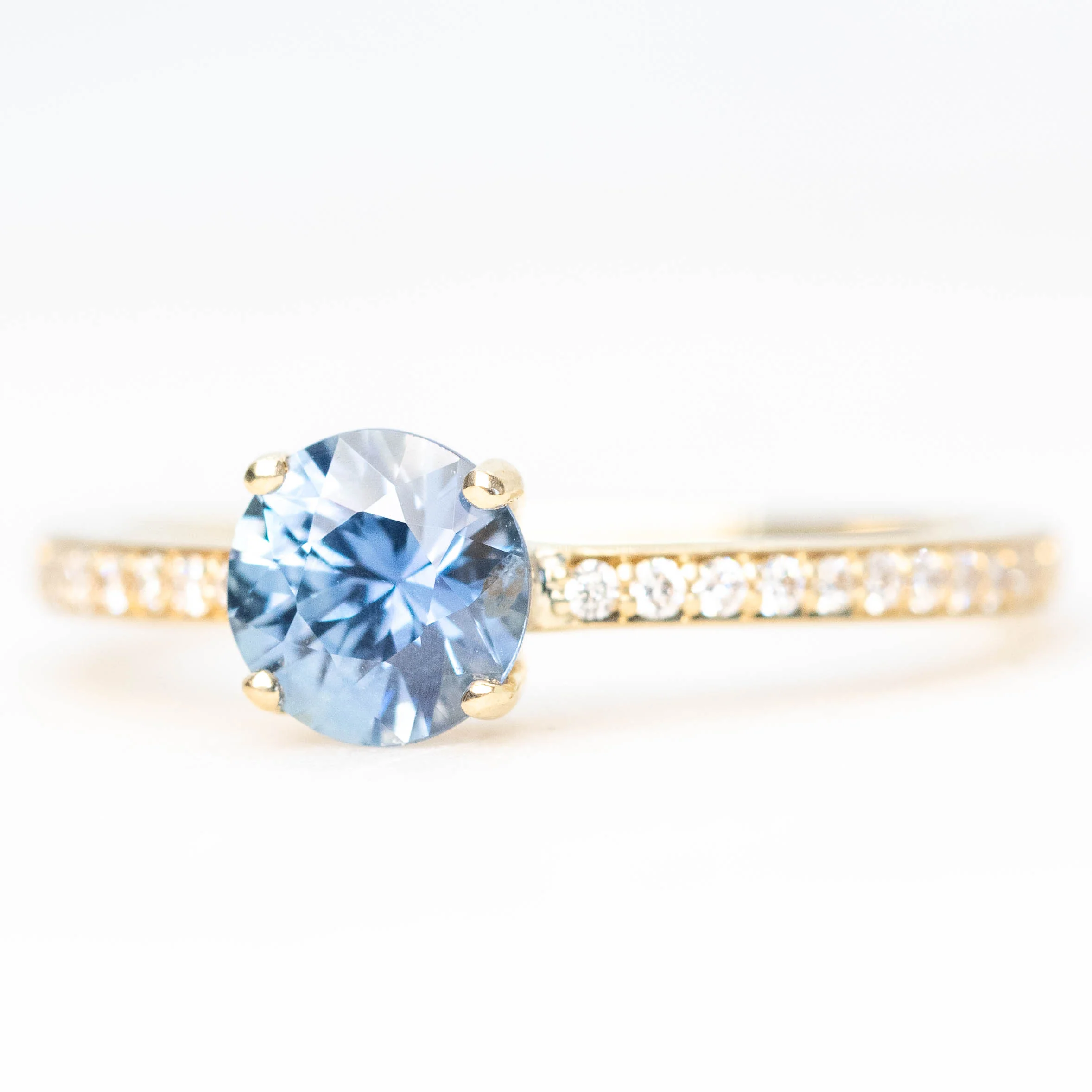 Imani Ring with a 0.96 Carat Round Blue Sapphire and White Accent Diamonds in 14k Yellow Gold - Ready to Size and Ship - Image 3