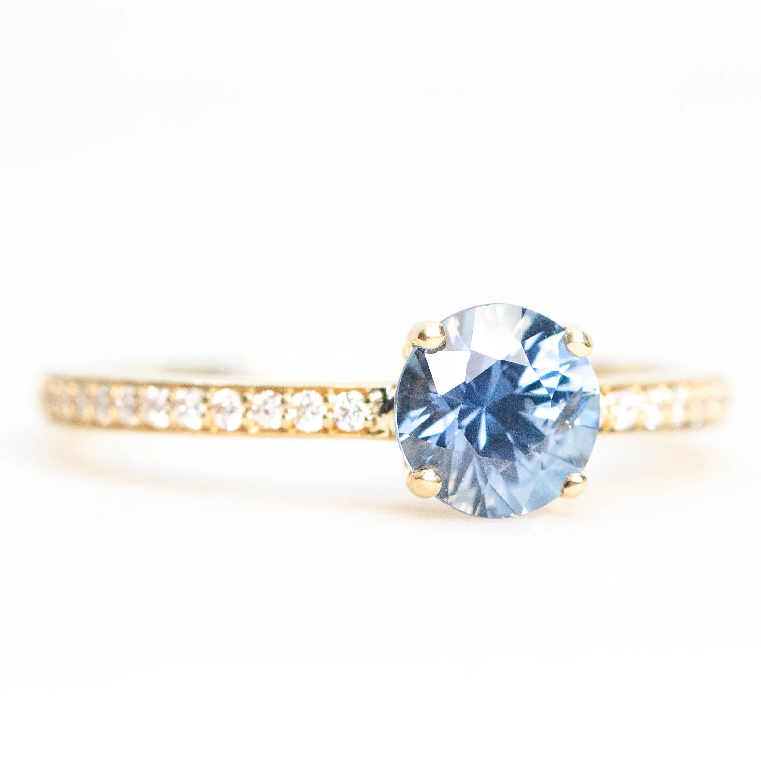 Imani Ring with a 0.96 Carat Round Blue Sapphire and White Accent Diamonds in 14k Yellow Gold - Ready to Size and Ship - Image 4