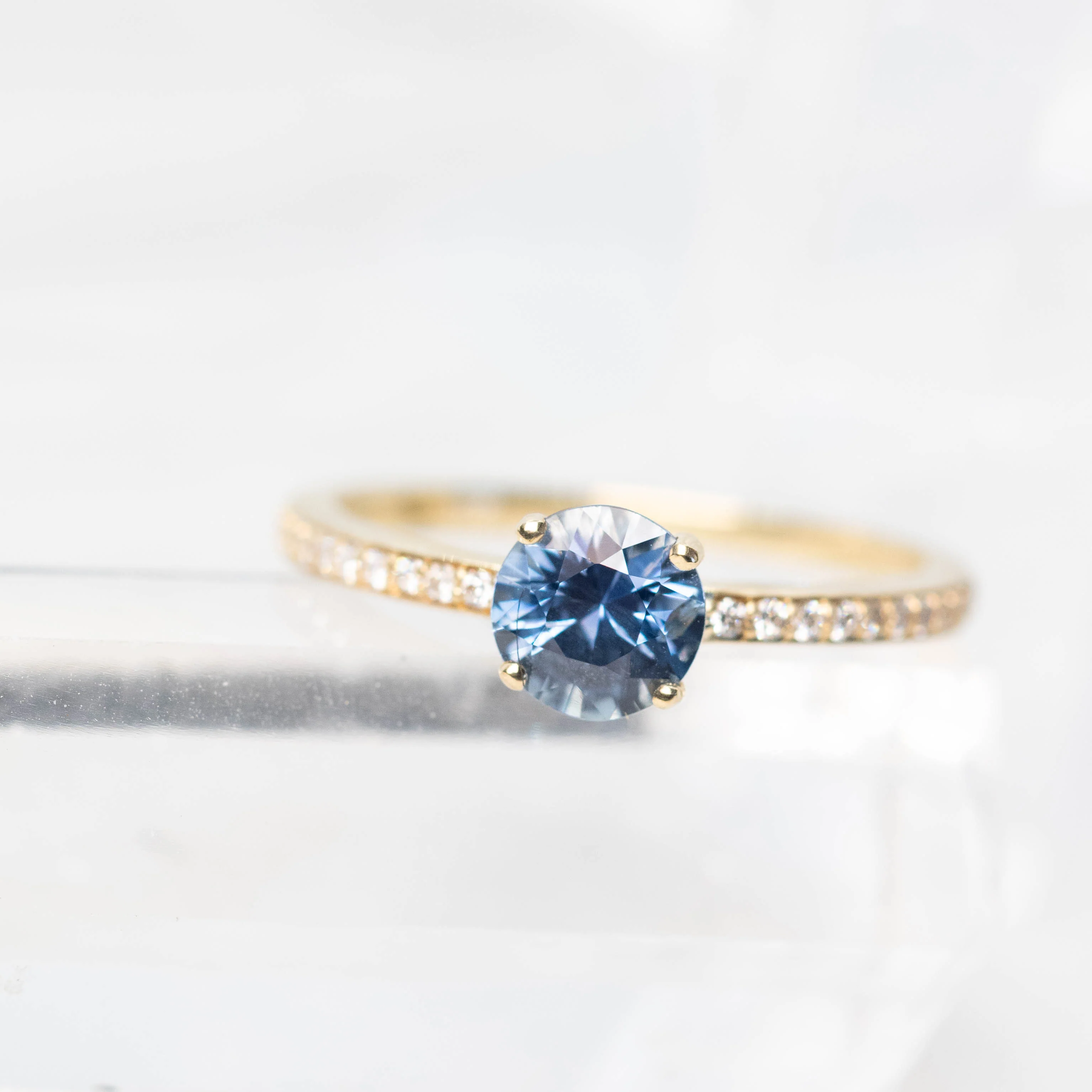 Imani Ring with a 0.96 Carat Round Blue Sapphire and White Accent Diamonds in 14k Yellow Gold - Ready to Size and Ship - Image 8
