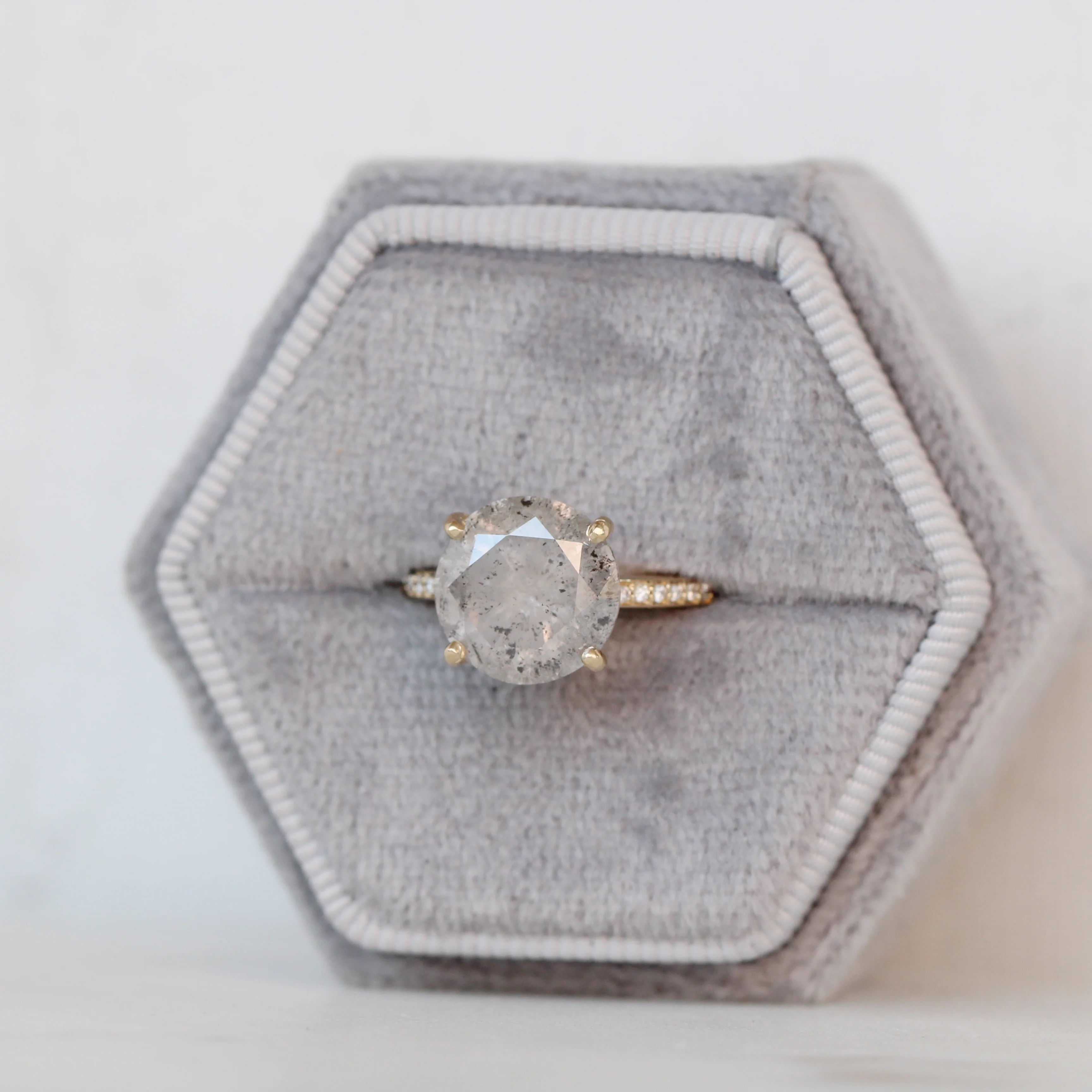 Imani Ring with a 4.87 Carat Round Salt and Pepper Diamond and White Pave Diamonds in 14k Yellow Gold - Ready to Size and Ship - Image 9
