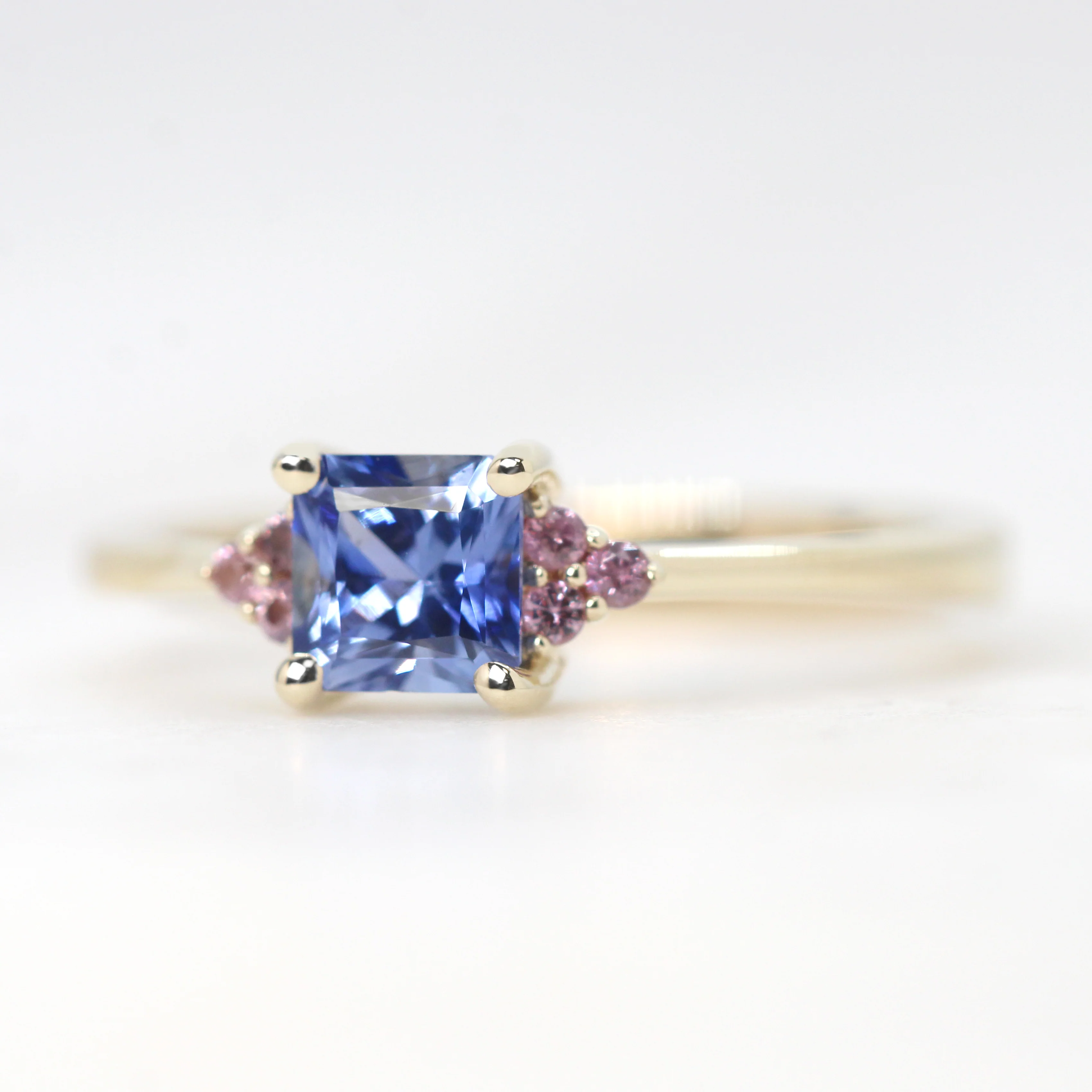 Imogene Ring with a 0.78 Carat Blue Radiant Princess Cut Sapphire and Berry Sapphire Accents in 14k Yellow Gold - Ready to Size and Ship - Image 3