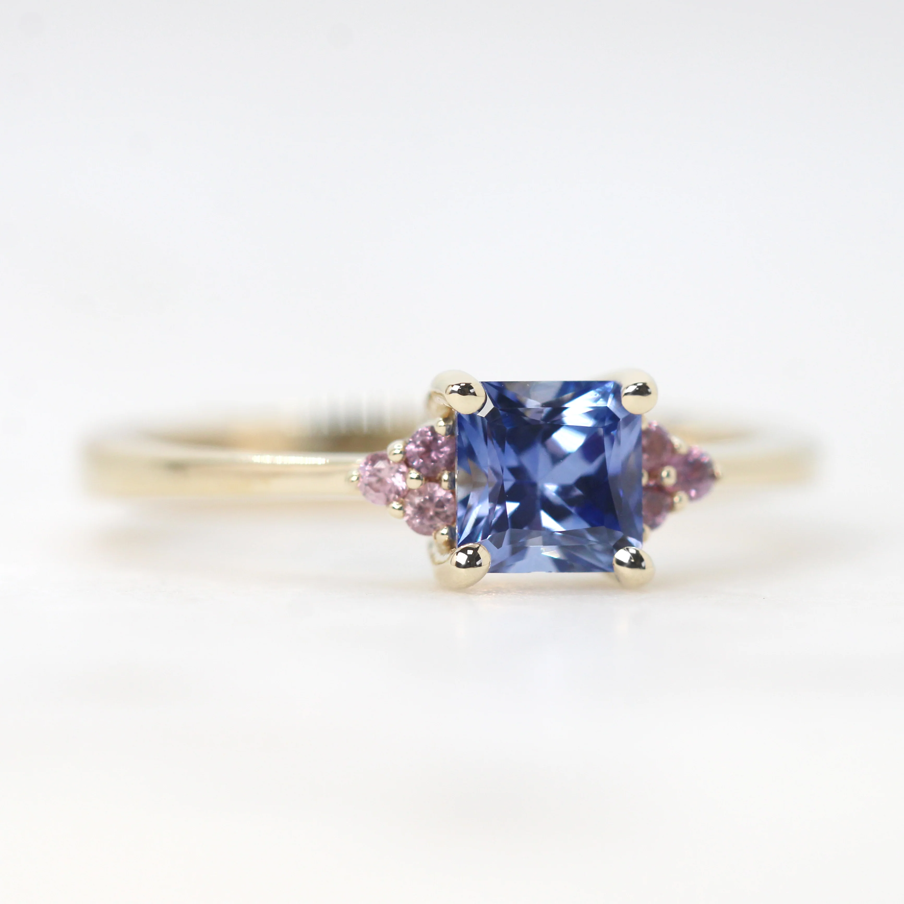 Imogene Ring with a 0.78 Carat Blue Radiant Princess Cut Sapphire and Berry Sapphire Accents in 14k Yellow Gold - Ready to Size and Ship - Image 4