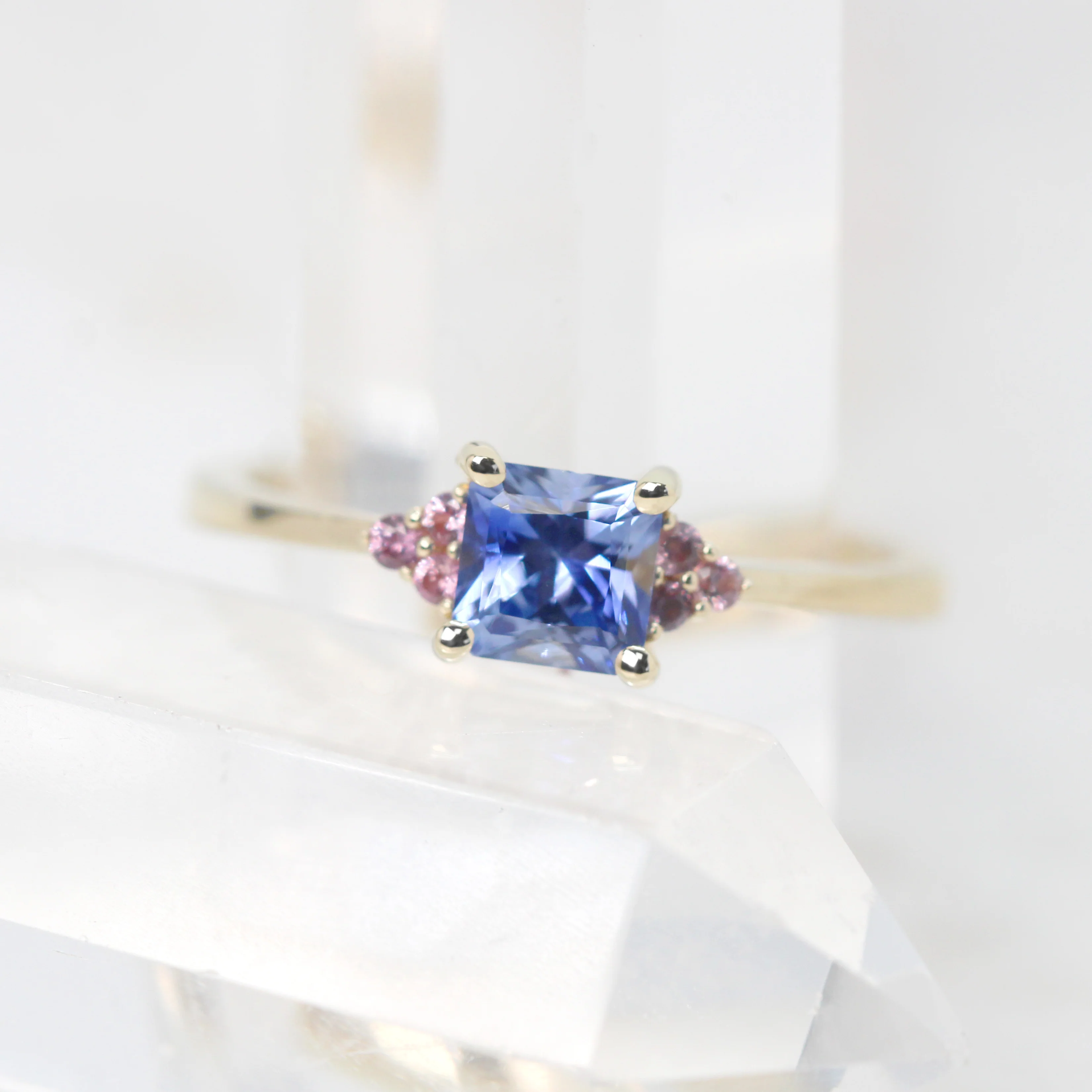 Imogene Ring with a 0.78 Carat Blue Radiant Princess Cut Sapphire and Berry Sapphire Accents in 14k Yellow Gold - Ready to Size and Ship - Image 7