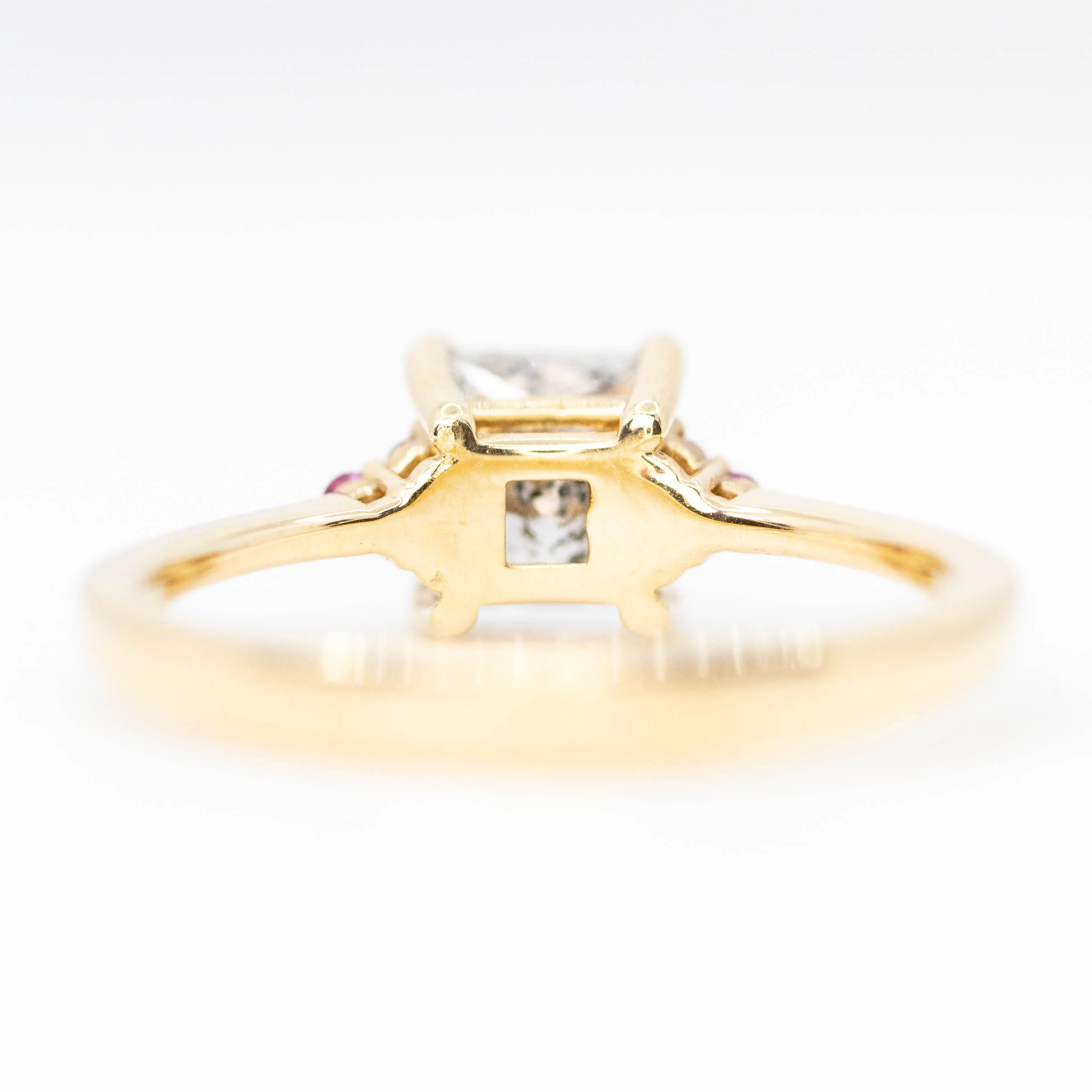 Imogene Ring with a 1.25 Carat Princess Cut Salt and Pepper Diamond and Pink Accent Sapphires in 14k Yellow Gold - Ready to Size and Ship - Image 6