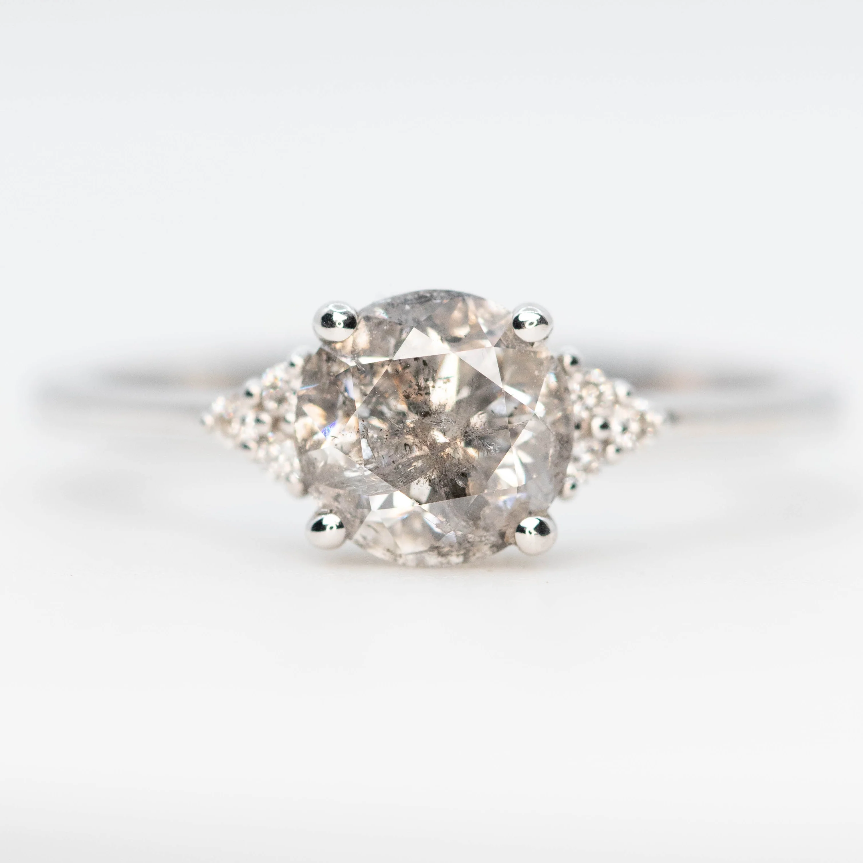 Imogene Ring with a 1.28 Carat Round Gray Salt and Pepper Diamond and White Accent Diamonds in 14k White Gold - Ready to Size and Ship