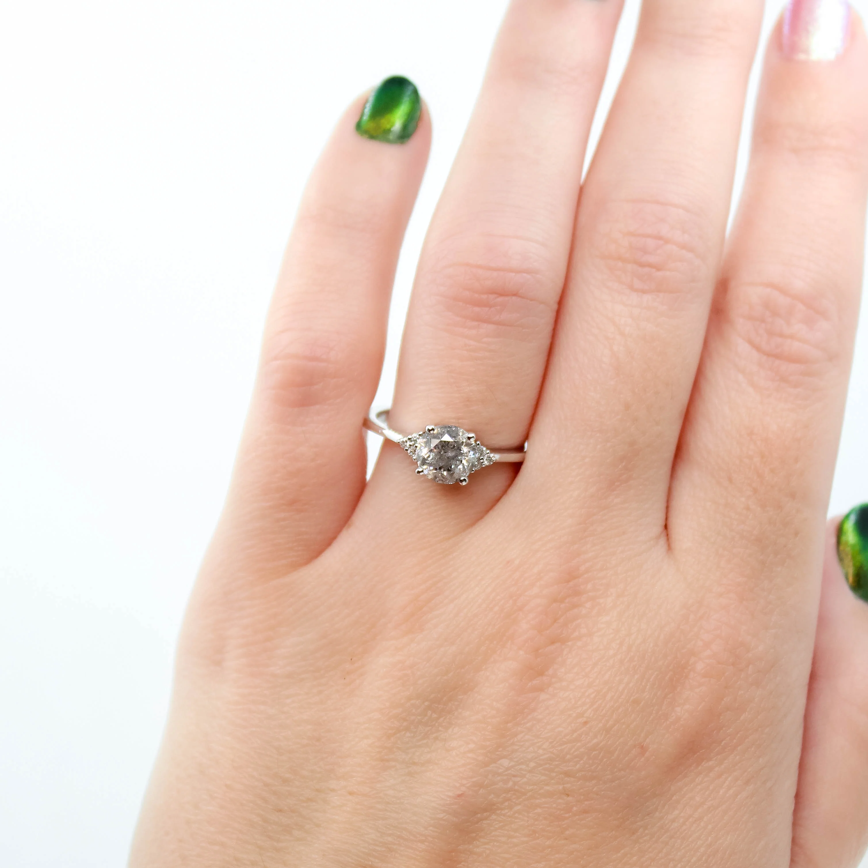 Imogene Ring with a 1.28 Carat Round Gray Salt and Pepper Diamond and White Accent Diamonds in 14k White Gold - Ready to Size and Ship - Image 2