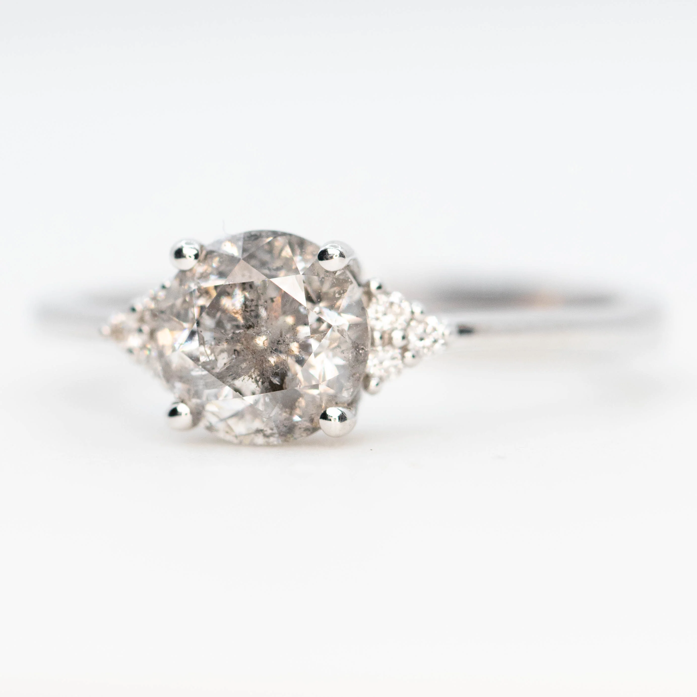 Imogene Ring with a 1.28 Carat Round Gray Salt and Pepper Diamond and White Accent Diamonds in 14k White Gold - Ready to Size and Ship - Image 3