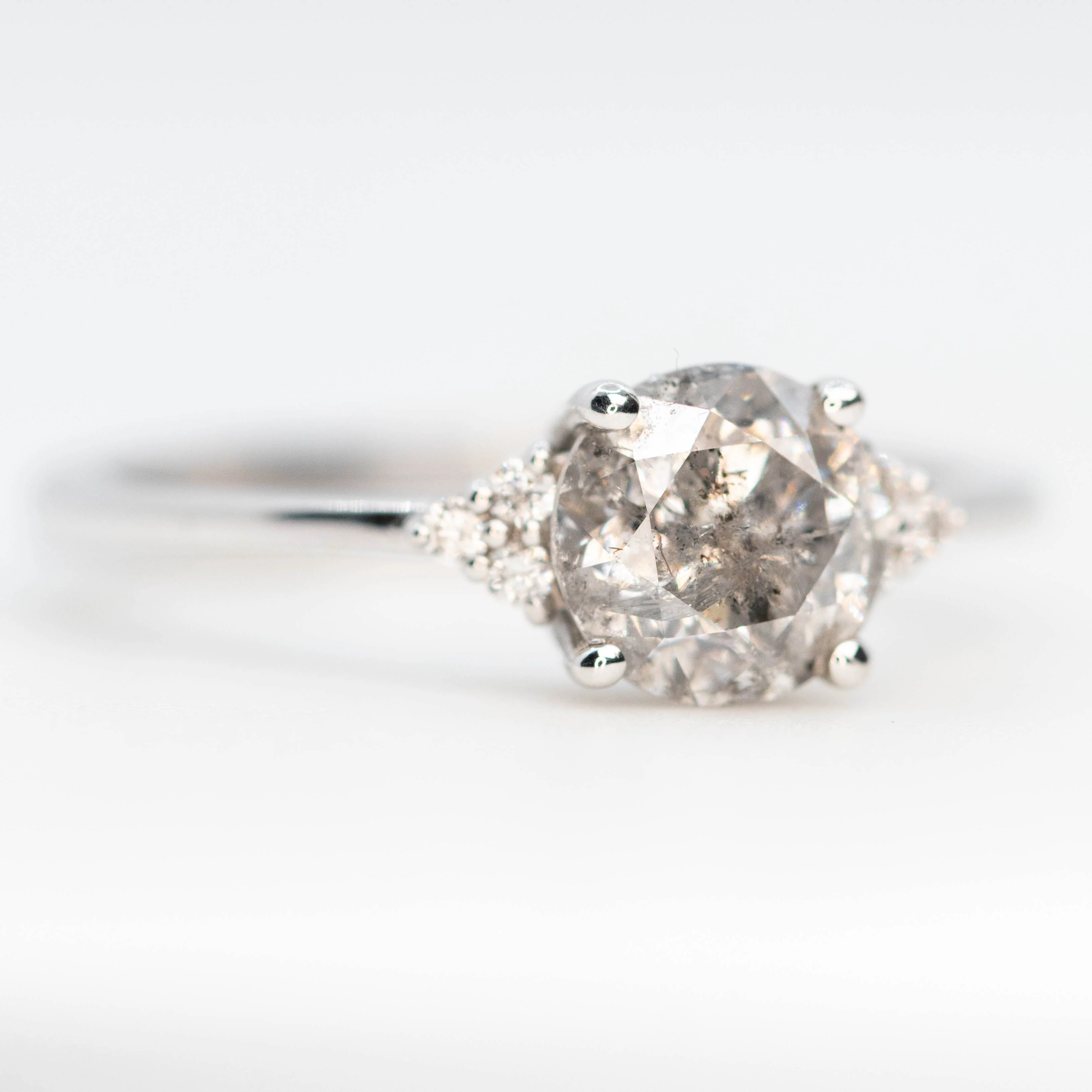 Imogene Ring with a 1.28 Carat Round Gray Salt and Pepper Diamond and White Accent Diamonds in 14k White Gold - Ready to Size and Ship - Image 4