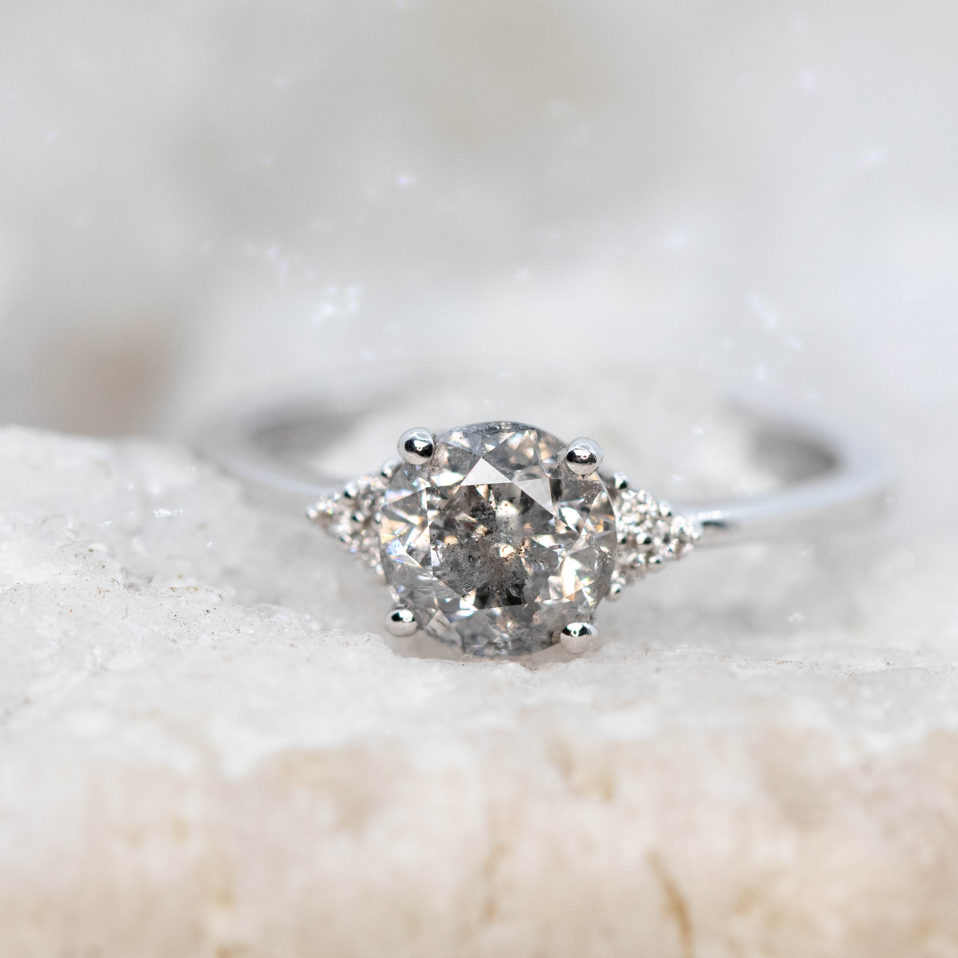 Imogene Ring with a 1.28 Carat Round Gray Salt and Pepper Diamond and White Accent Diamonds in 14k White Gold - Ready to Size and Ship - Image 8