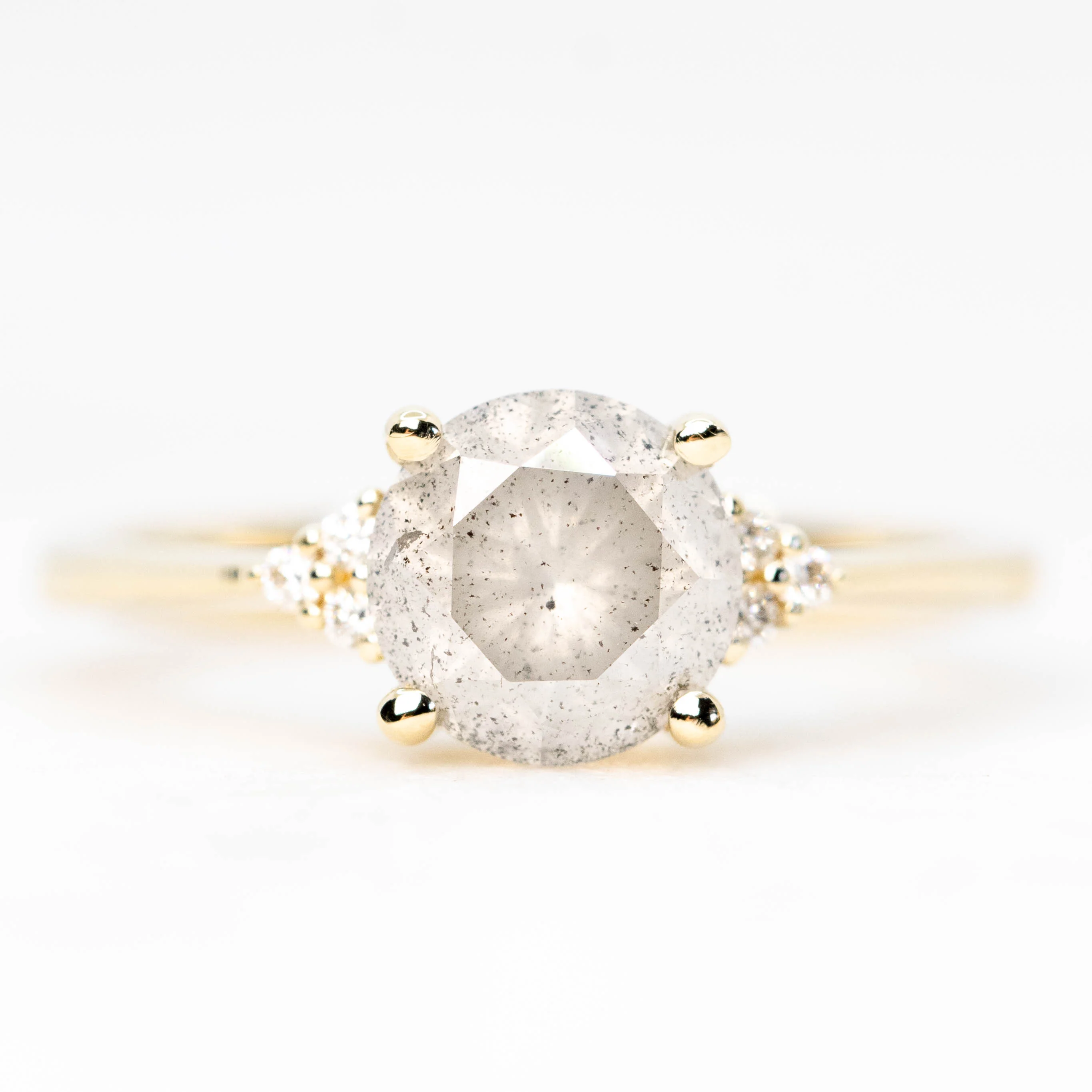 Imogene Ring with a 1.89 Carat Misty White Round Diamond and White Canadian Accent Diamonds in 14k Yellow Gold - Ready to Size and Ship