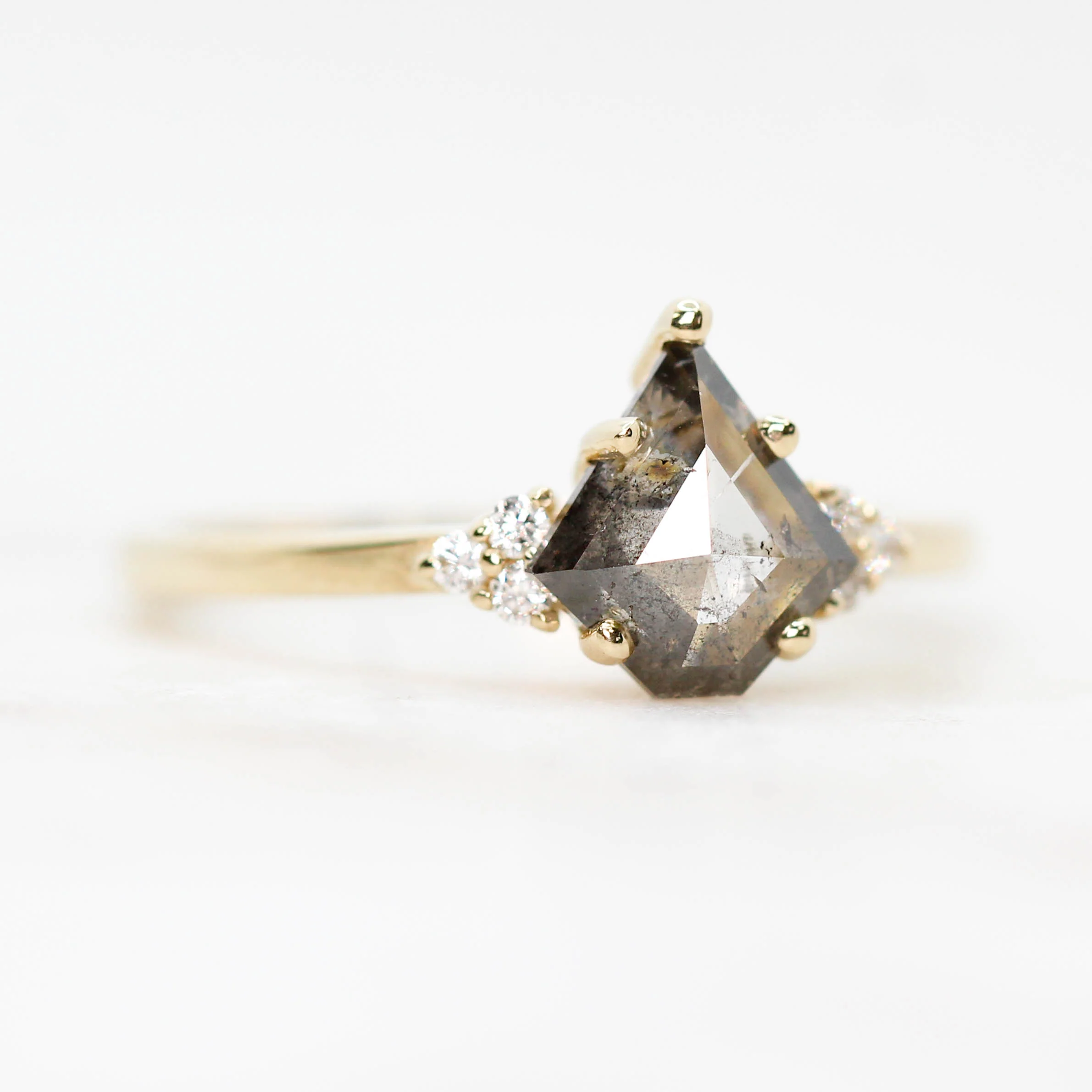 Project: Custom Imogene Ring with a 1 Carat Gray Salt and Pepper Kite Diamond and White Accent Diamonds in 14k - Image 3