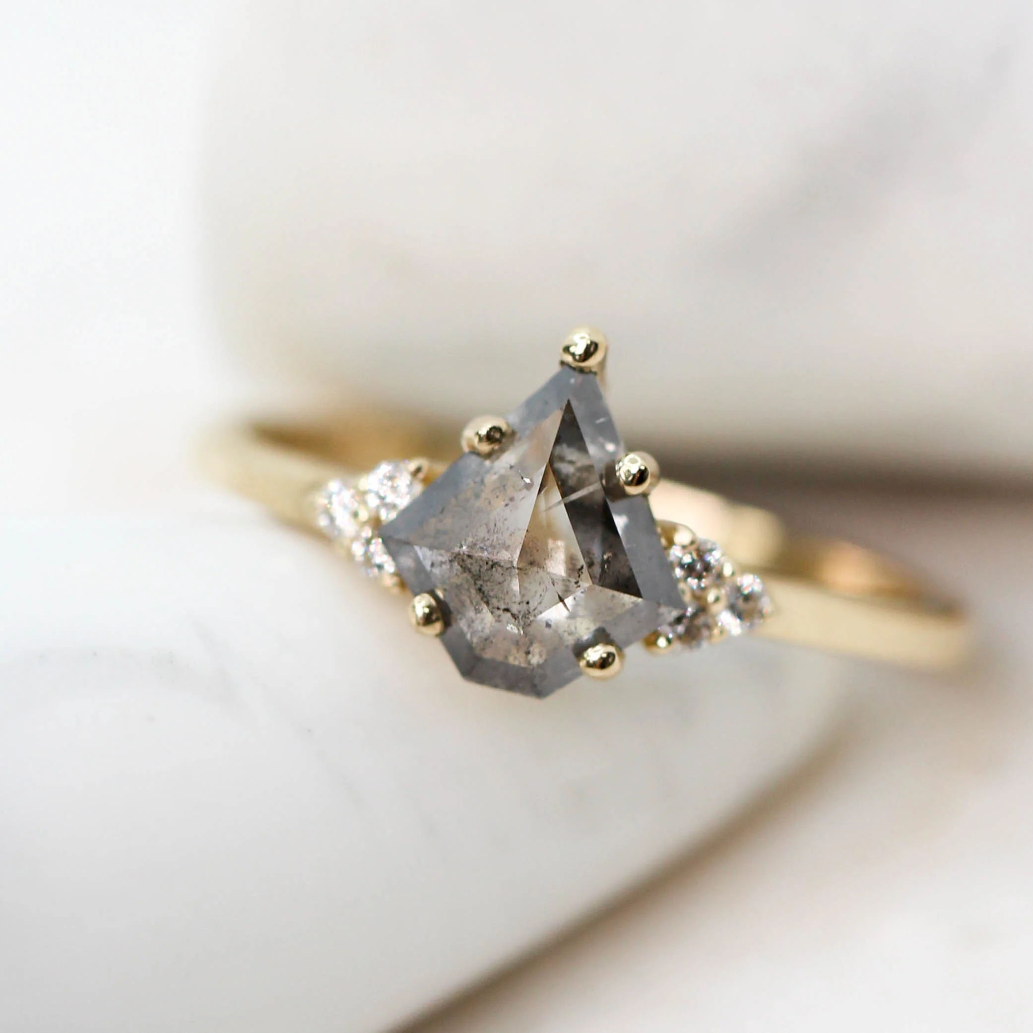 Project: Custom Imogene Ring with a 1 Carat Gray Salt and Pepper Kite Diamond and White Accent Diamonds in 14k - Image 7