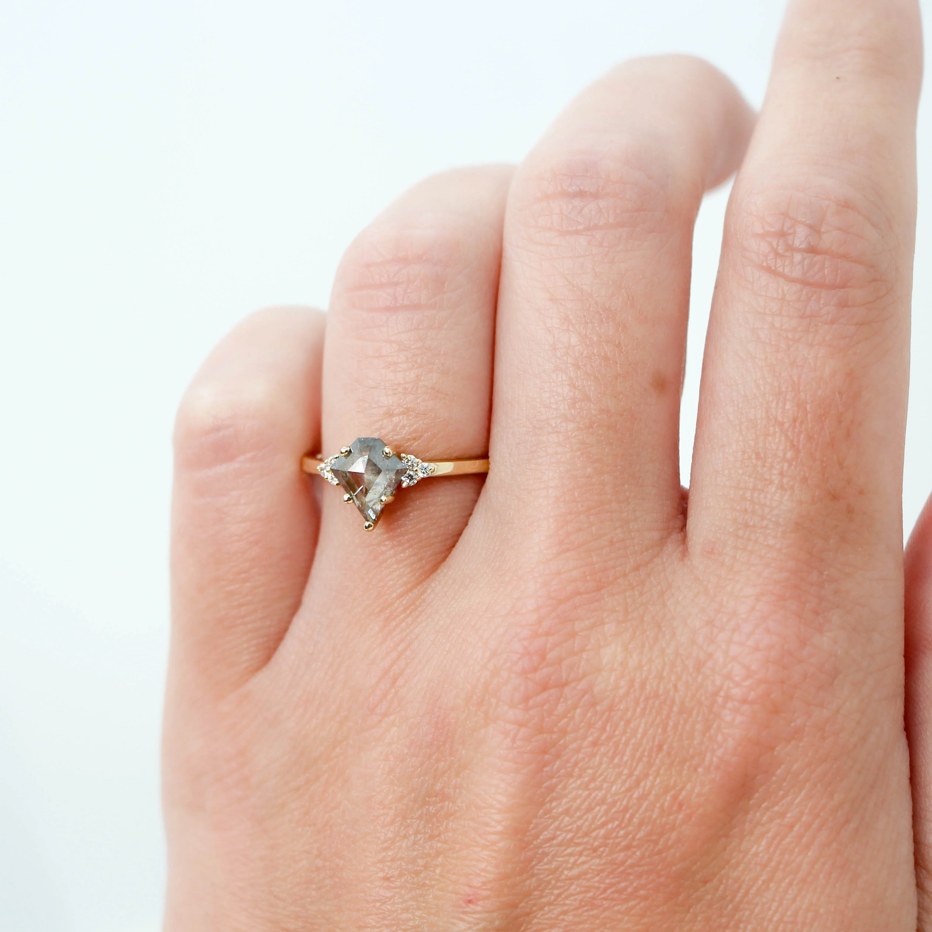 Project: Custom Imogene Ring with a 1 Carat Gray Salt and Pepper Kite Diamond and White Accent Diamonds in 14k - Image 8