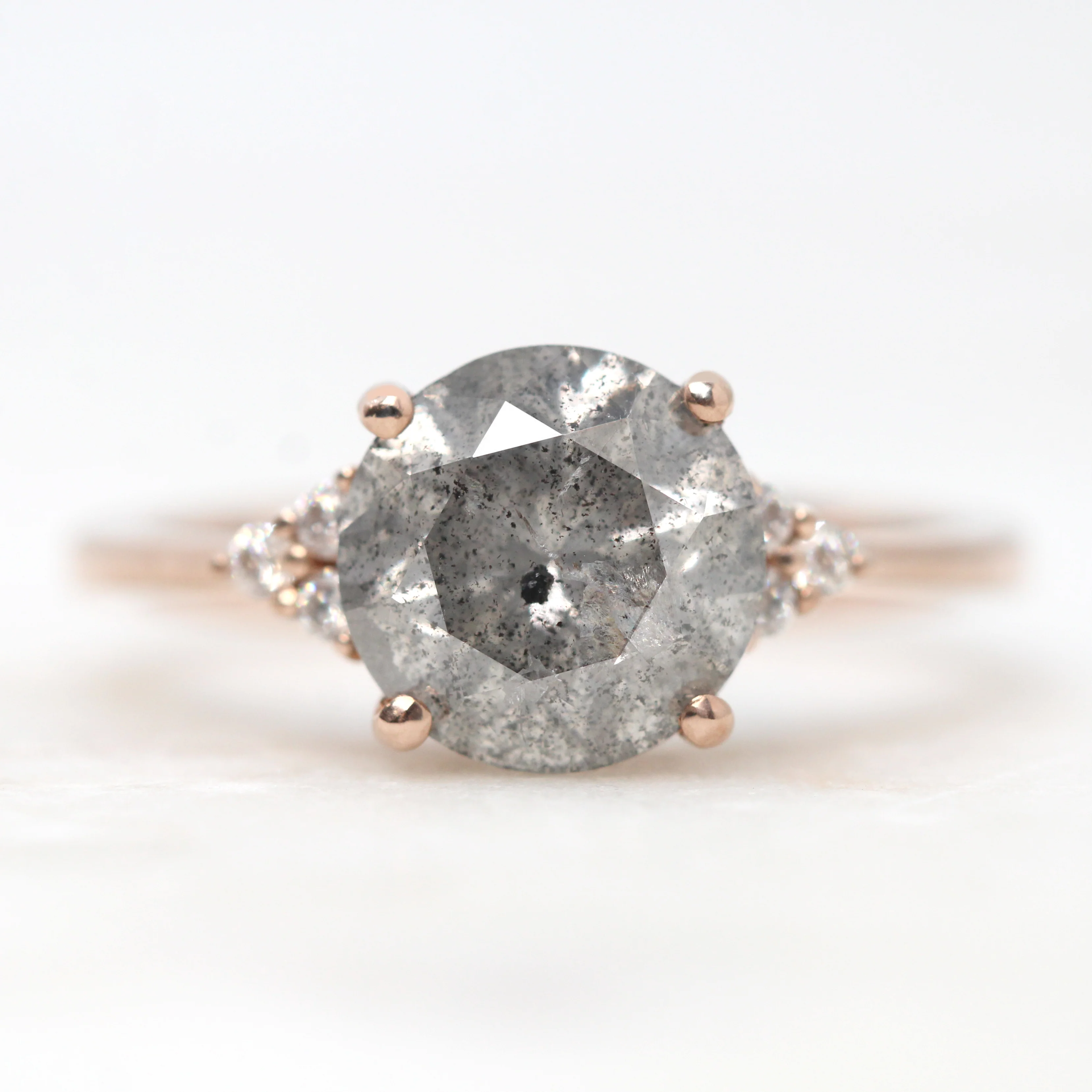 Imogene Ring with a 3.00 Carat Round Gray Salt and Pepper Diamond and White Accent Diamonds in 14k Rose Gold - Ready to Size and Ship