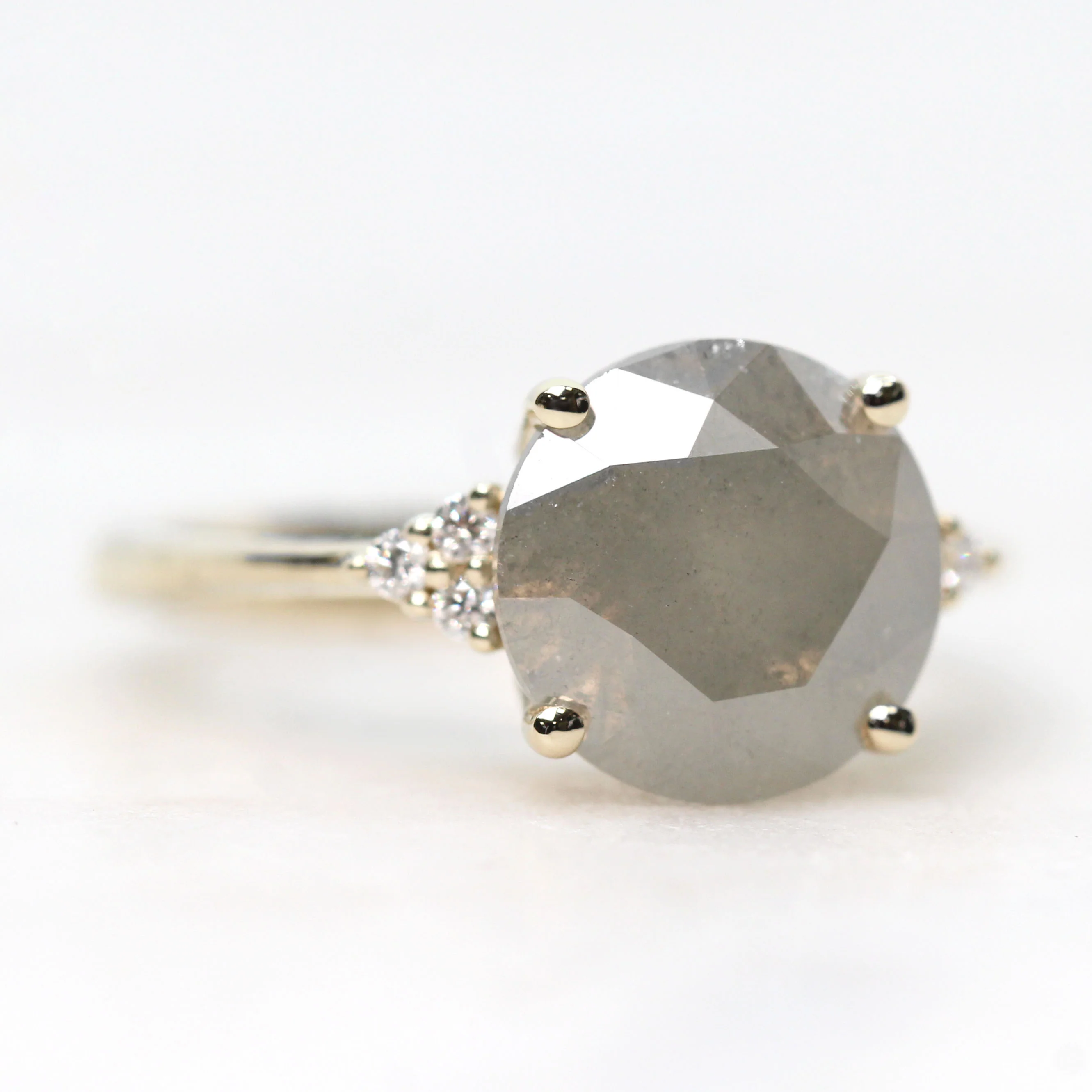 Imogene Ring with a 4.01 Carat Round Gray Salt and Pepper Diamond and White Accent Diamonds in 14k Yellow Gold - Ready to Size and Ship - Image 3