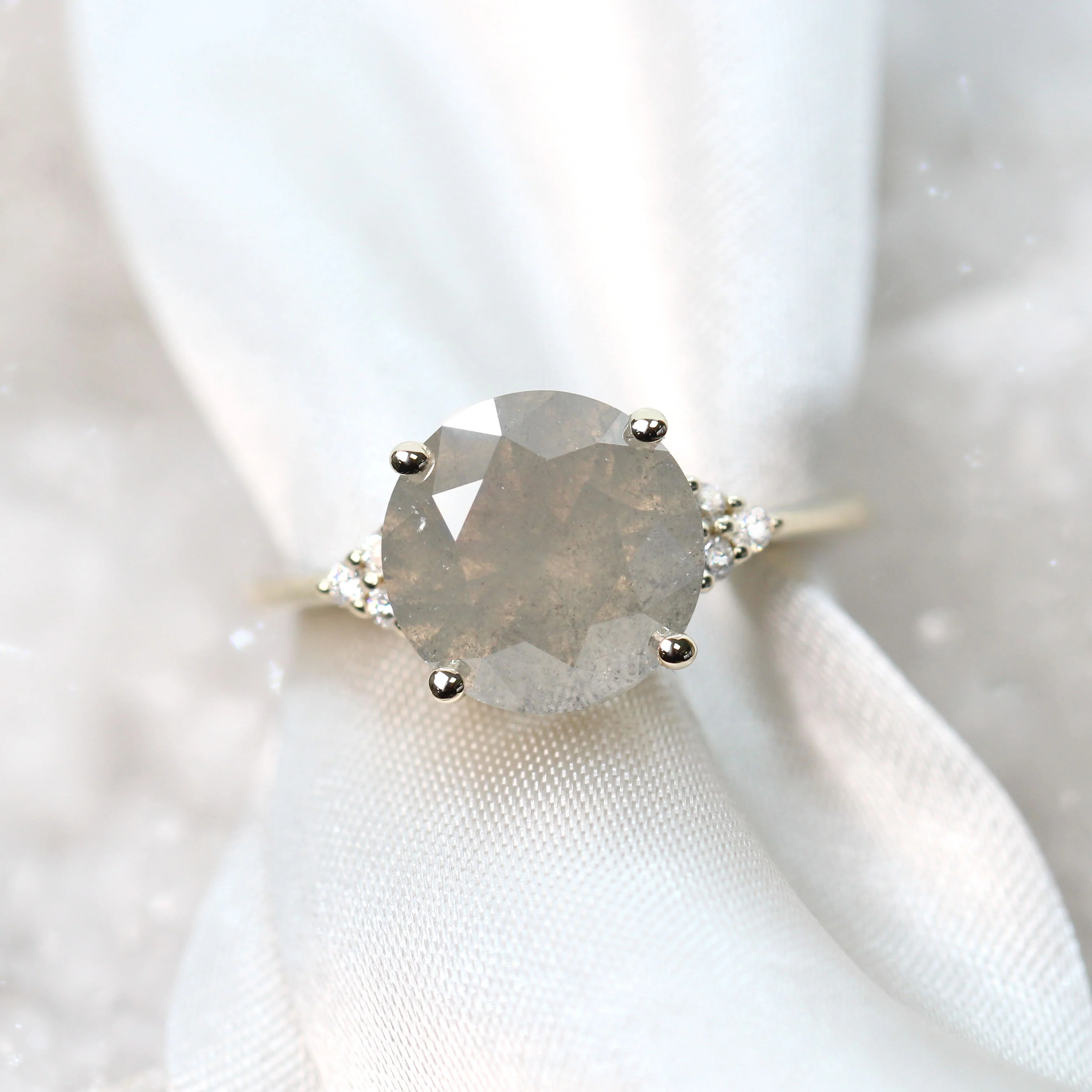 Imogene Ring with a 4.01 Carat Round Gray Salt and Pepper Diamond and White Accent Diamonds in 14k Yellow Gold - Ready to Size and Ship - Image 7