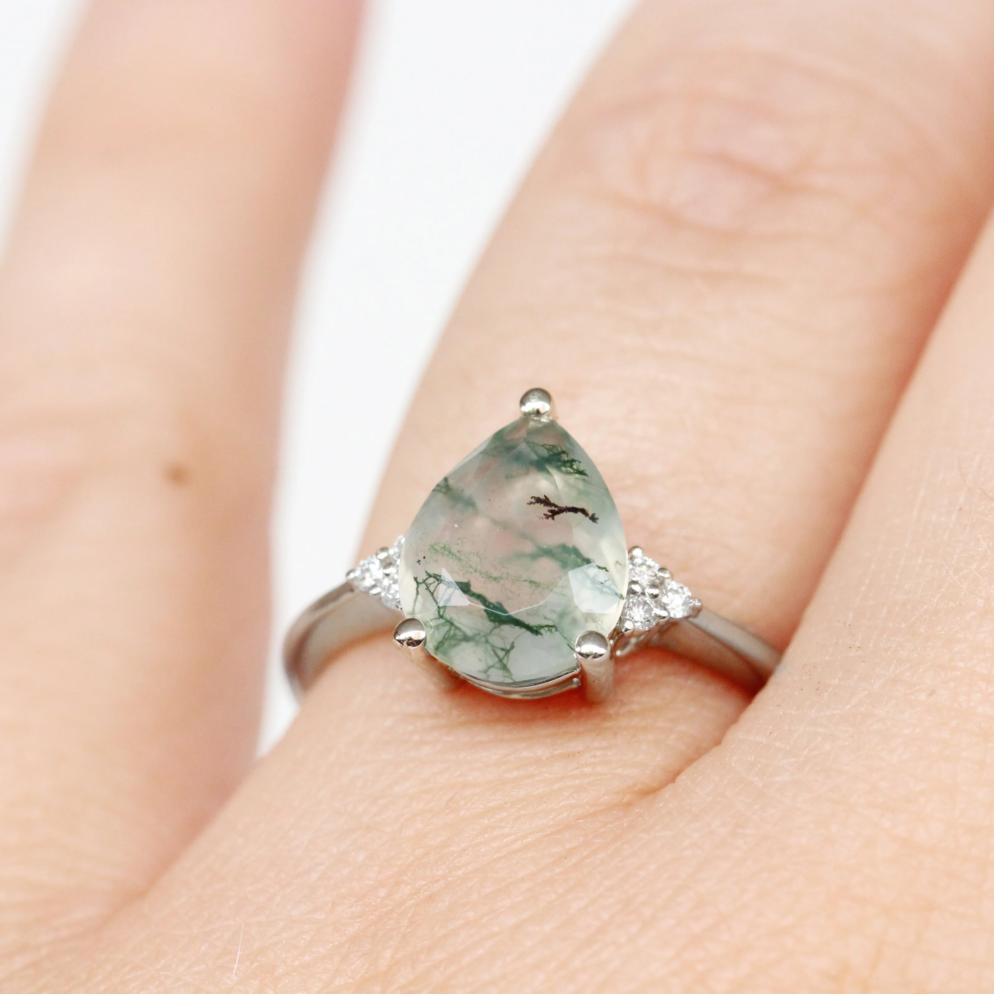 Imogene Ring with a Pear Moss Agate and White Accent Diamonds - Made to Order - Image 10