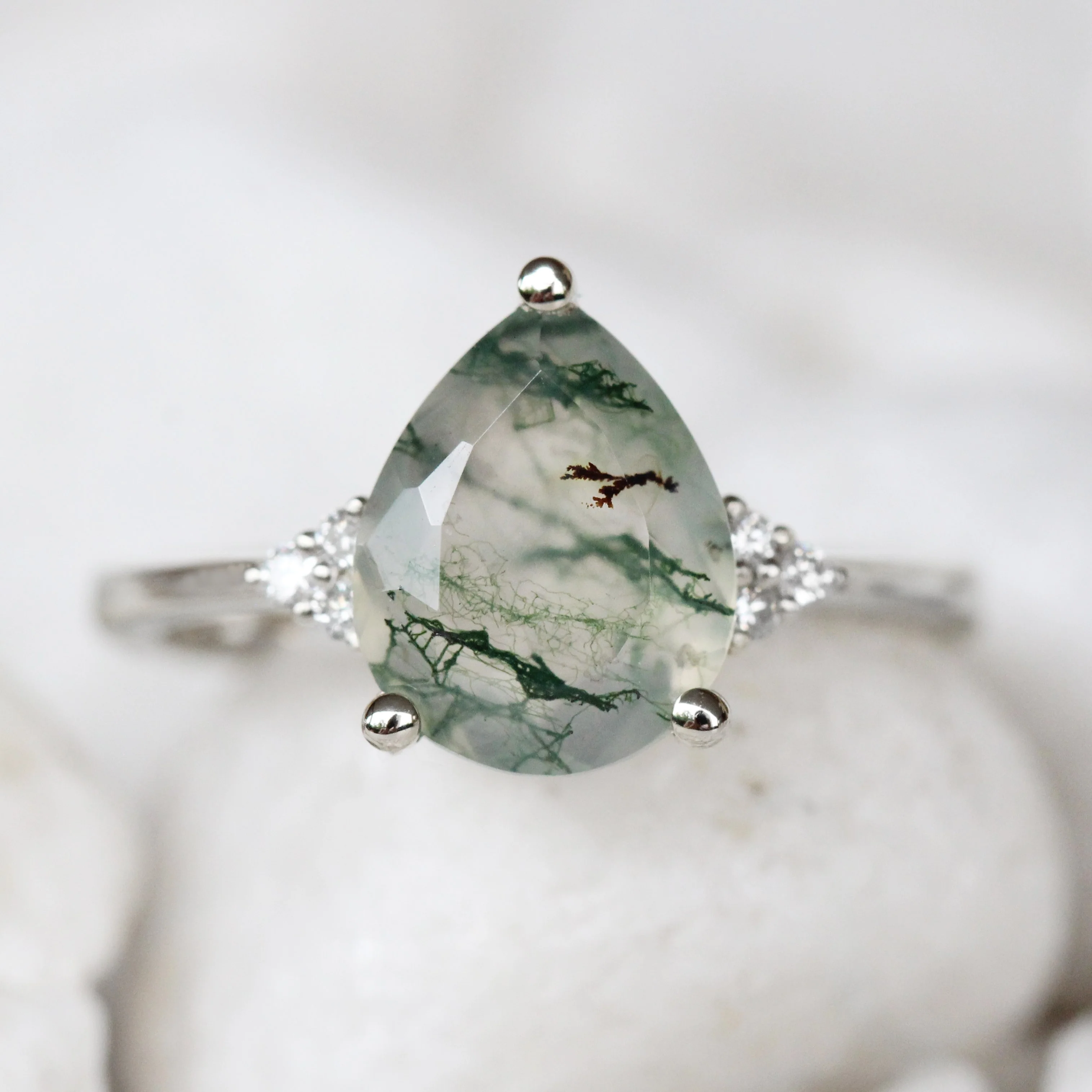 Imogene Ring with a Pear Moss Agate and White Accent Diamonds - Made to Order - Image 3