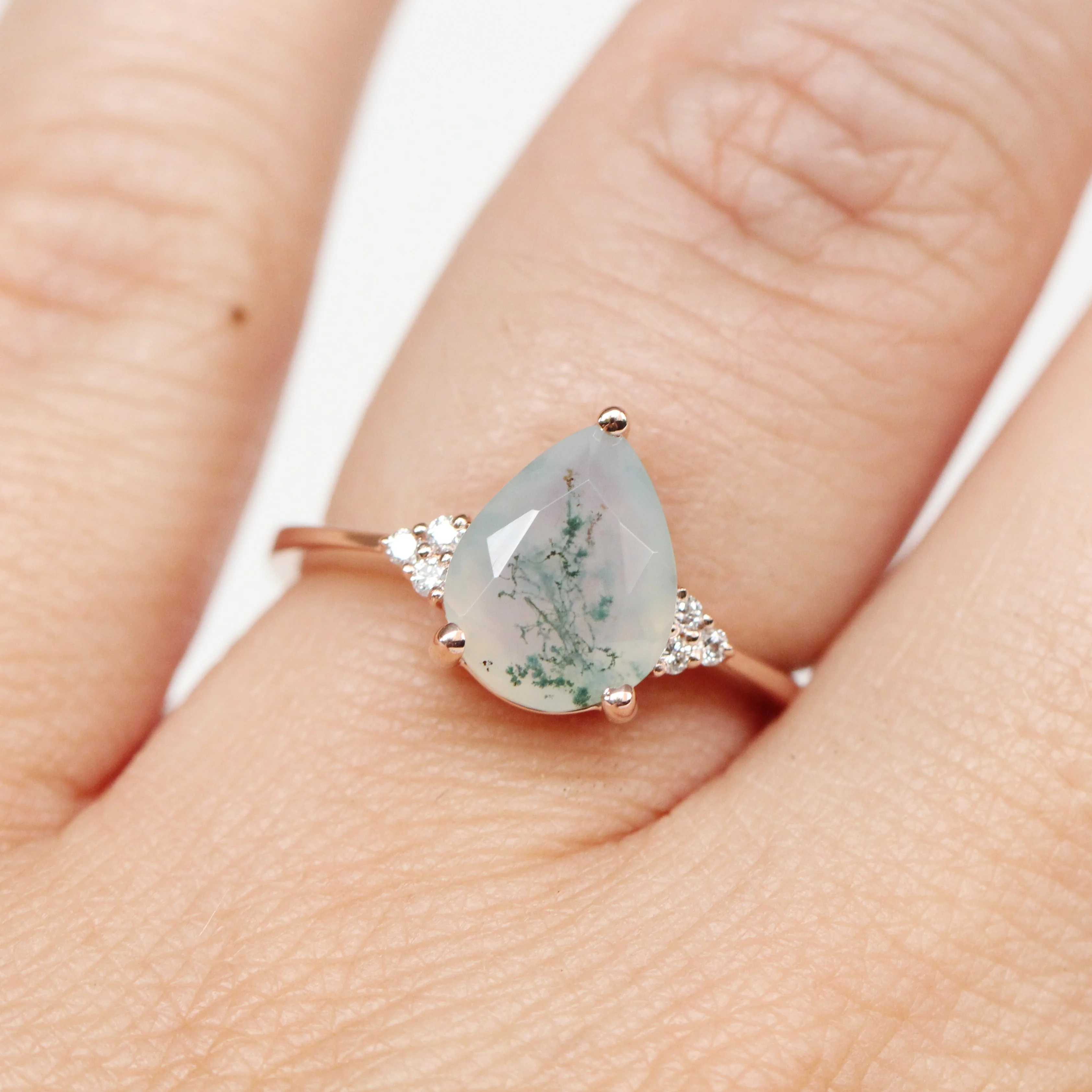 Imogene Ring with a Pear Moss Agate and White Accent Diamonds - Made to Order - Image 4