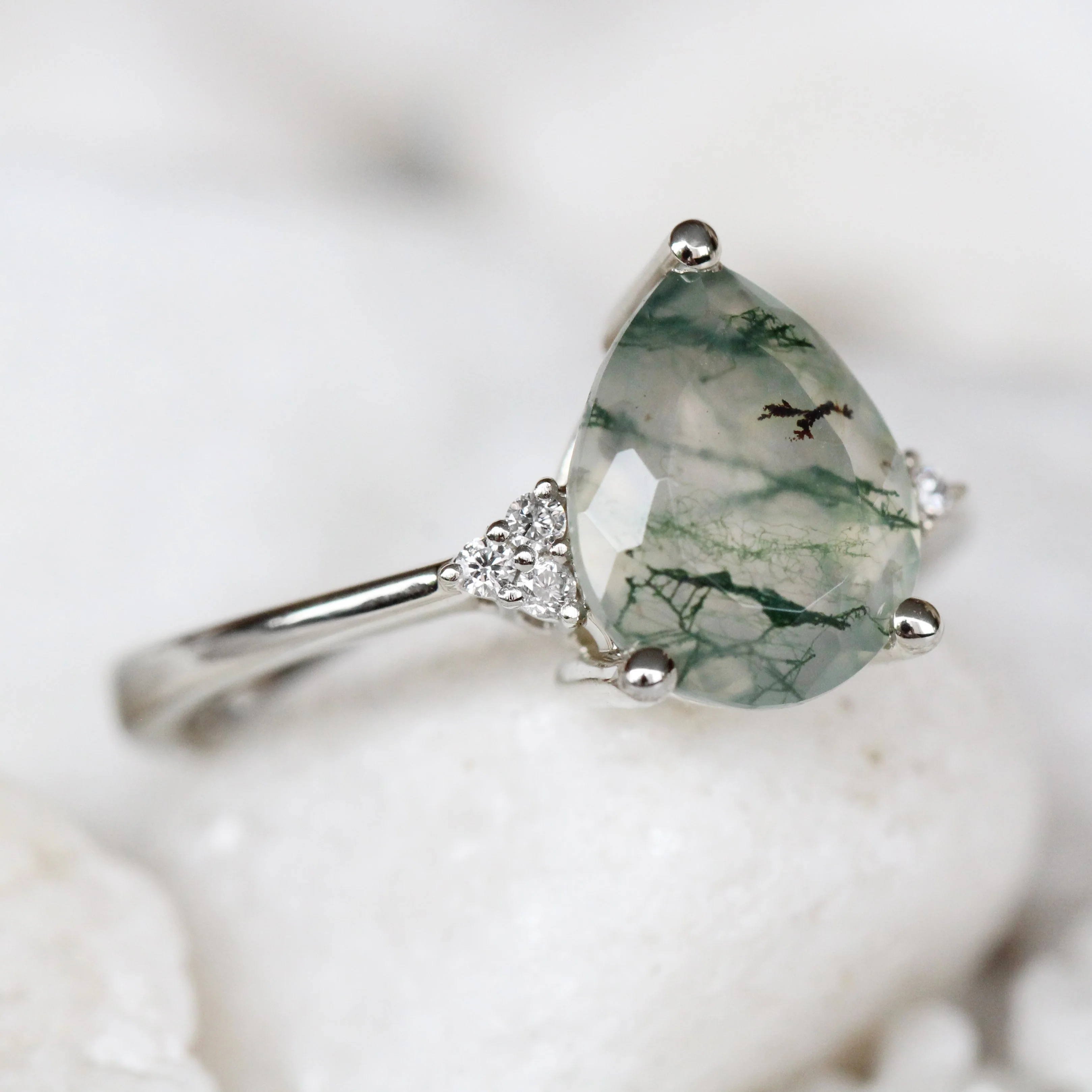 Imogene Ring with a Pear Moss Agate and White Accent Diamonds - Made to Order - Image 9