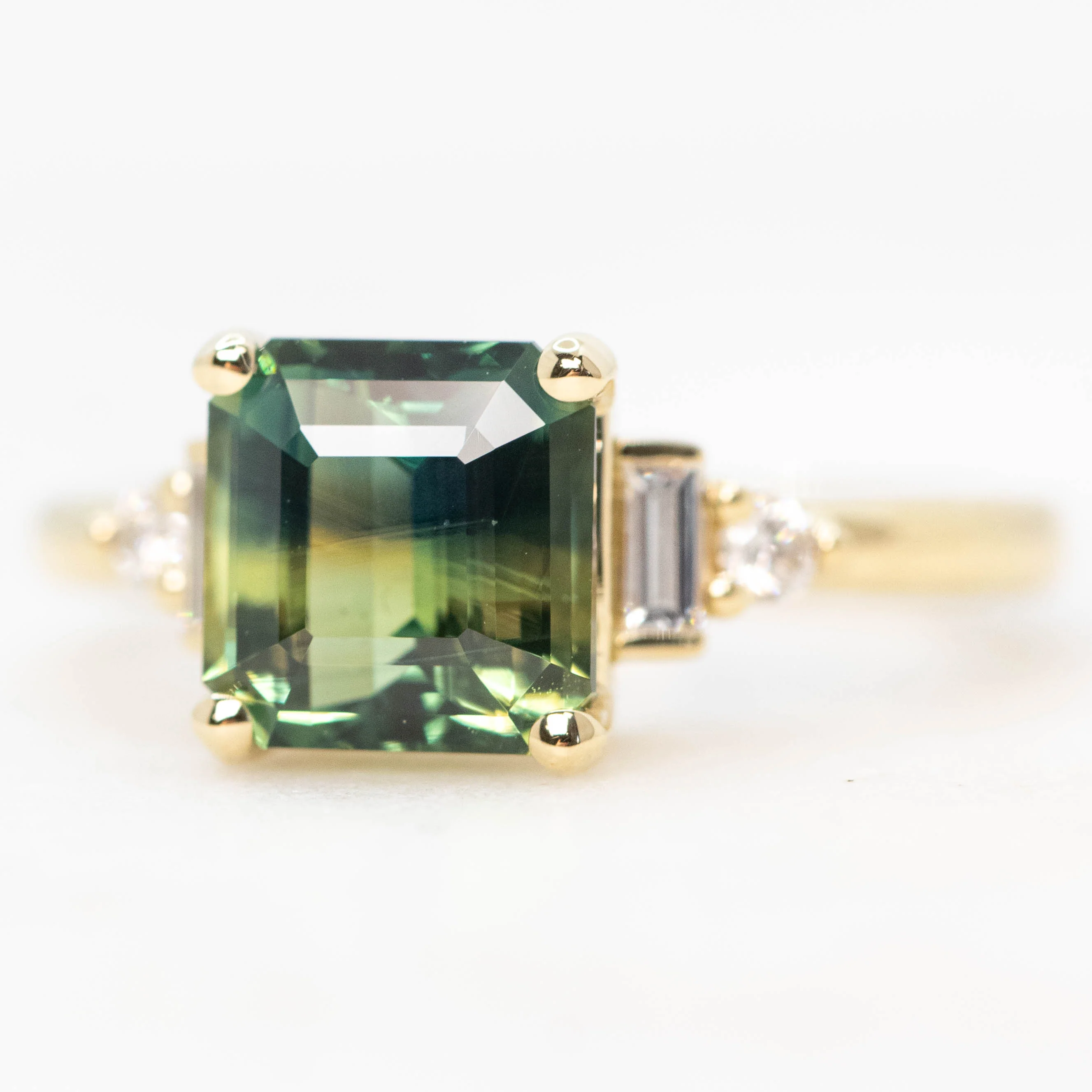 Iris Ring with a 2.75 Carat Asscher Cut Teal Sapphire and White Accent Diamonds in 14k Yellow Gold - Ready to Size and Ship - Image 3