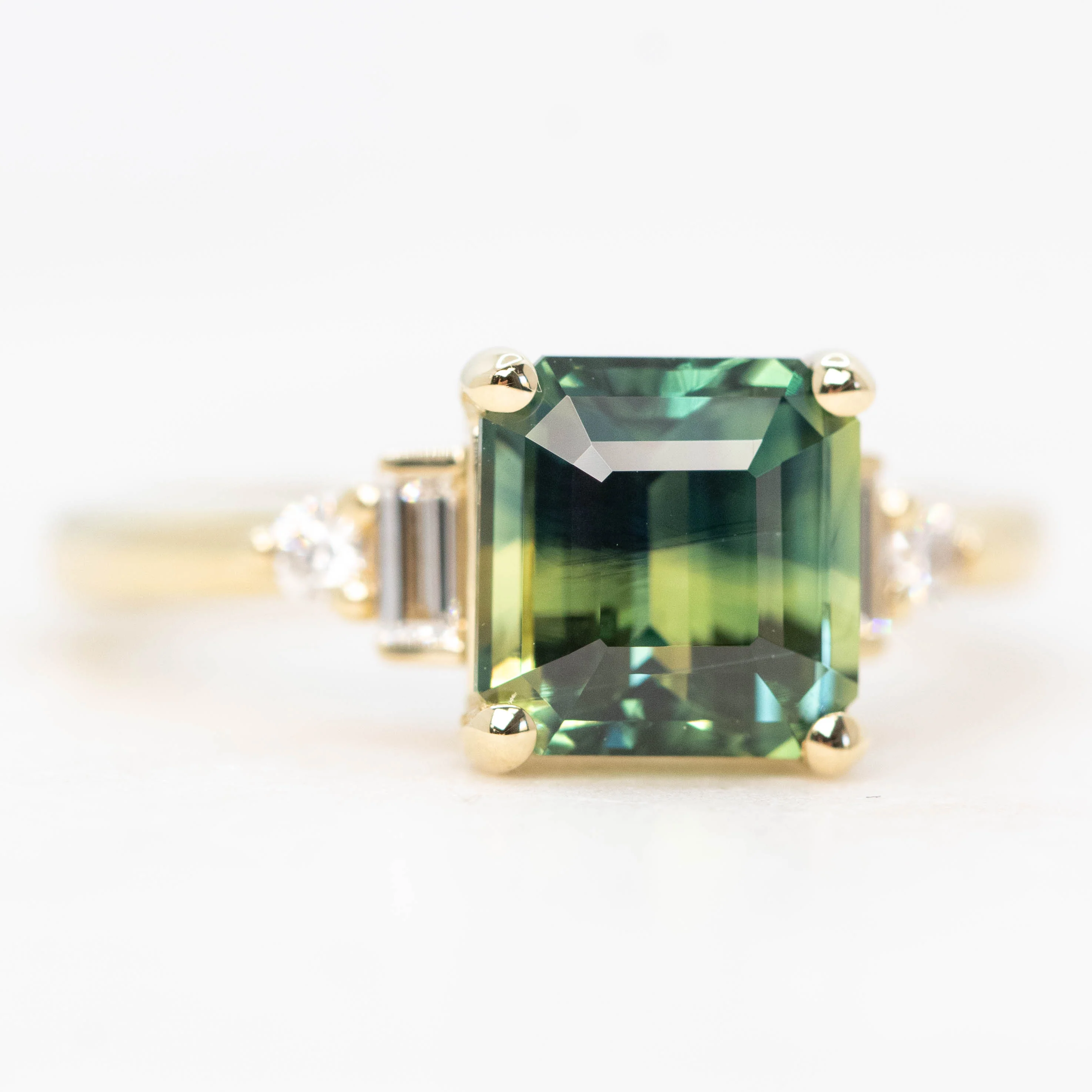 Iris Ring with a 2.75 Carat Asscher Cut Teal Sapphire and White Accent Diamonds in 14k Yellow Gold - Ready to Size and Ship - Image 4