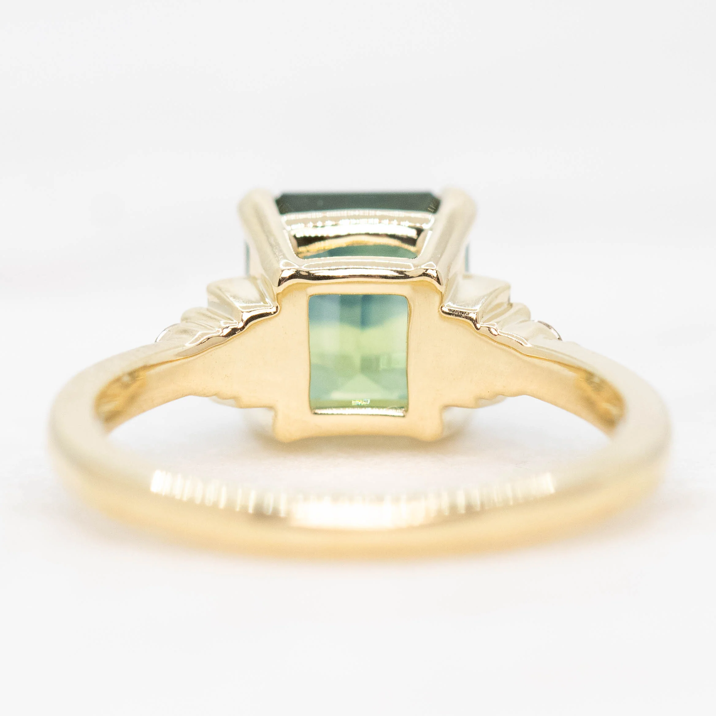 Iris Ring with a 2.75 Carat Asscher Cut Teal Sapphire and White Accent Diamonds in 14k Yellow Gold - Ready to Size and Ship - Image 6