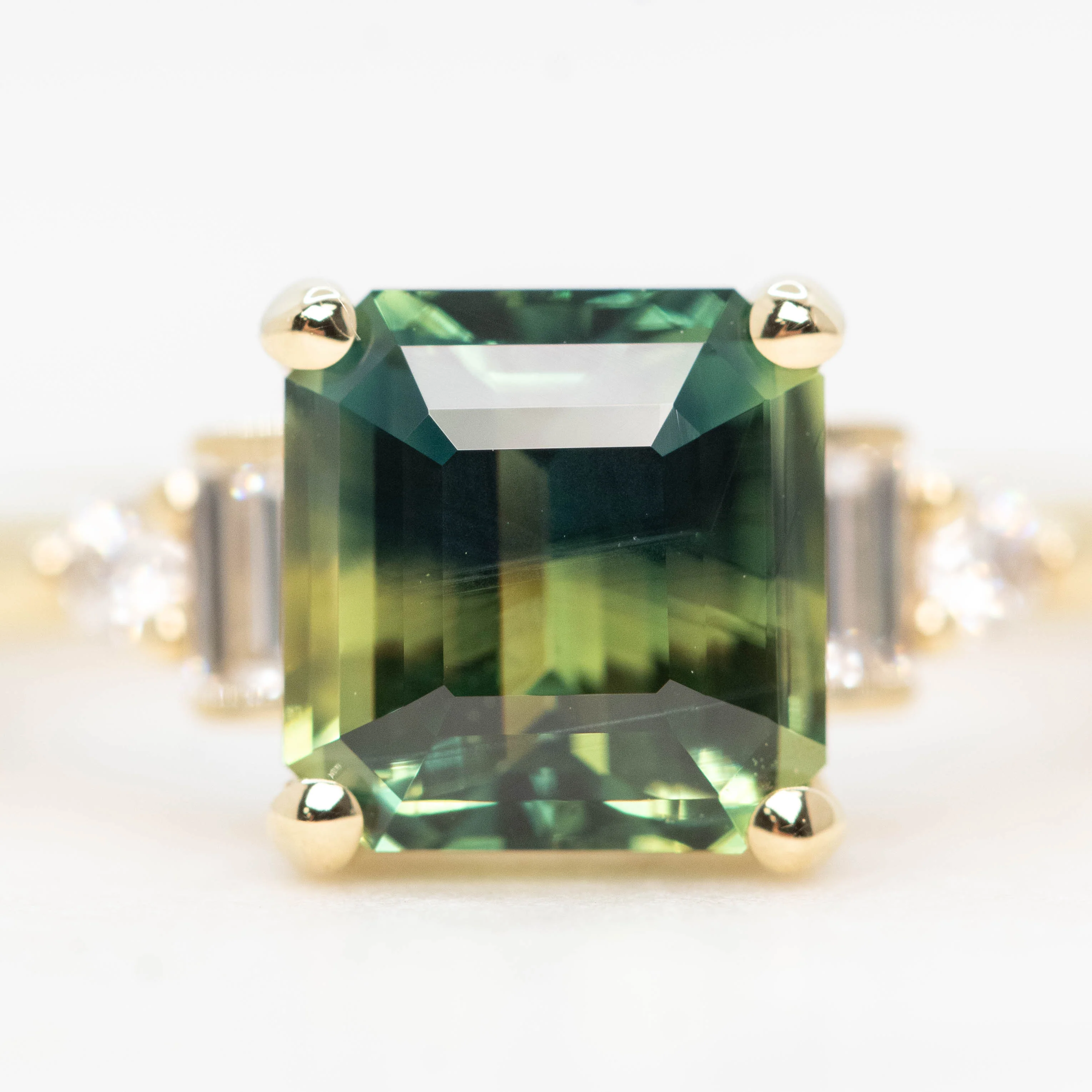 Iris Ring with a 2.75 Carat Asscher Cut Teal Sapphire and White Accent Diamonds in 14k Yellow Gold - Ready to Size and Ship - Image 7