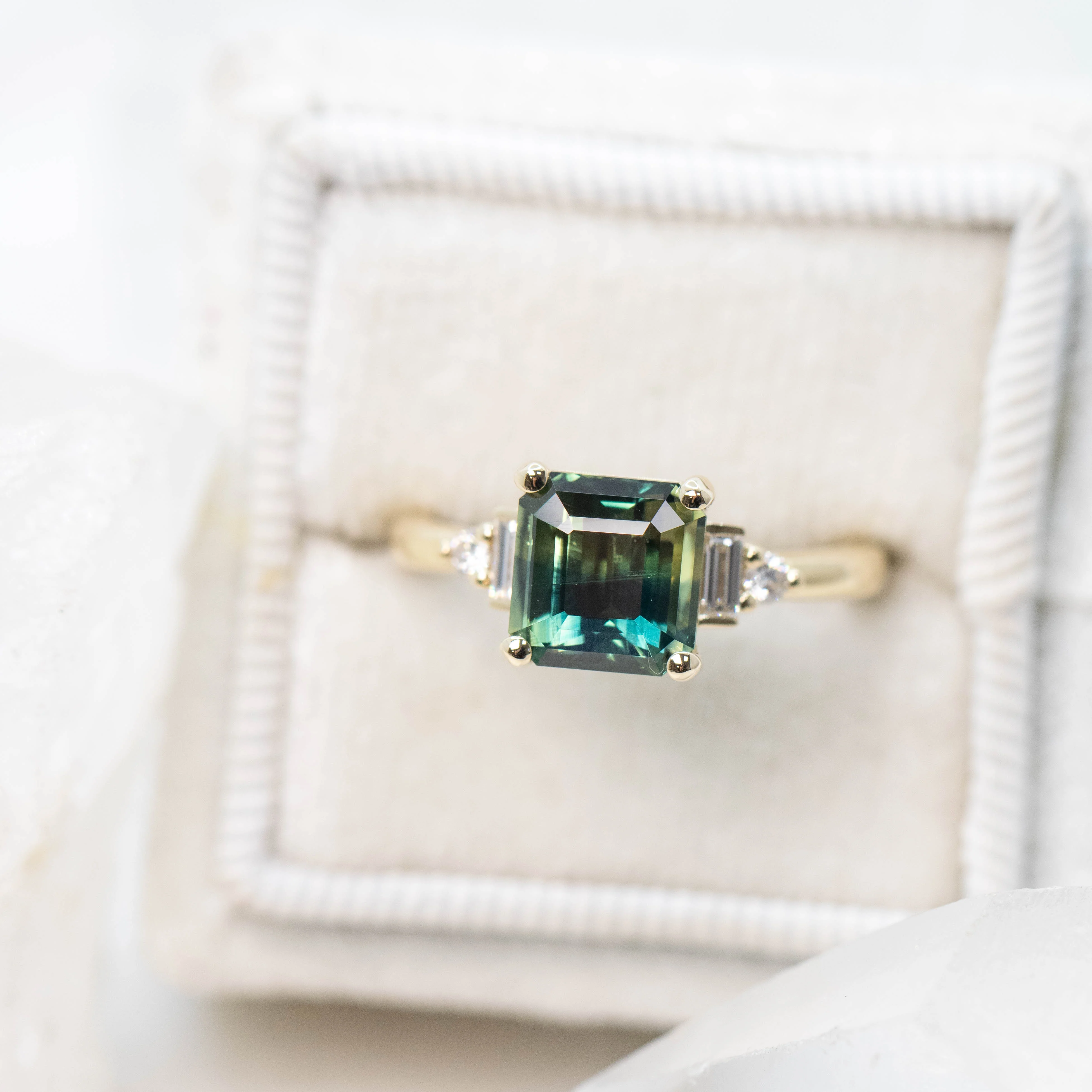 Iris Ring with a 2.75 Carat Asscher Cut Teal Sapphire and White Accent Diamonds in 14k Yellow Gold - Ready to Size and Ship - Image 8