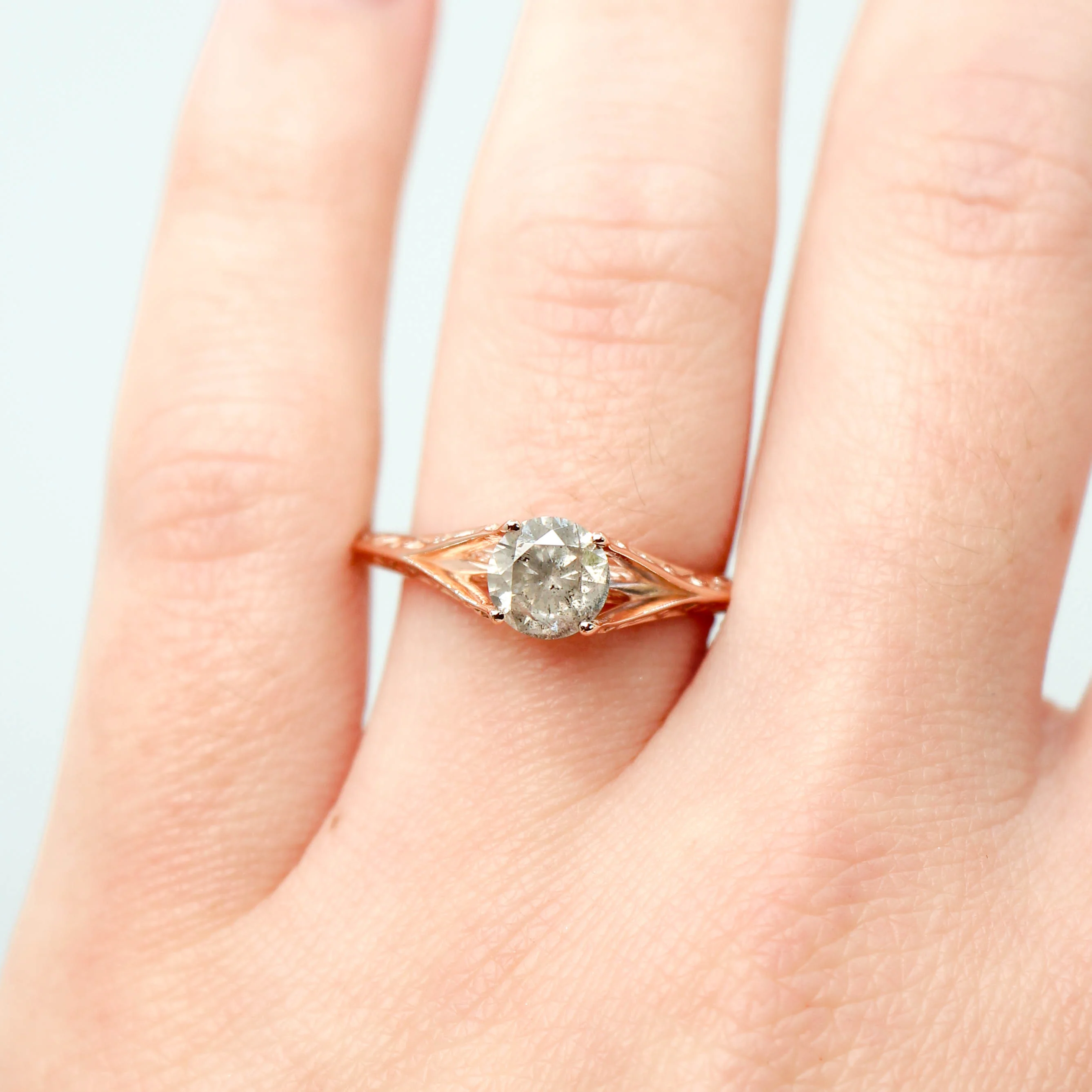 Ivy Ring with a 0.98 Carat Round Light Gray Salt and Pepper Diamond in 14k Rose Gold - Ready to Size and Ship - Image 10