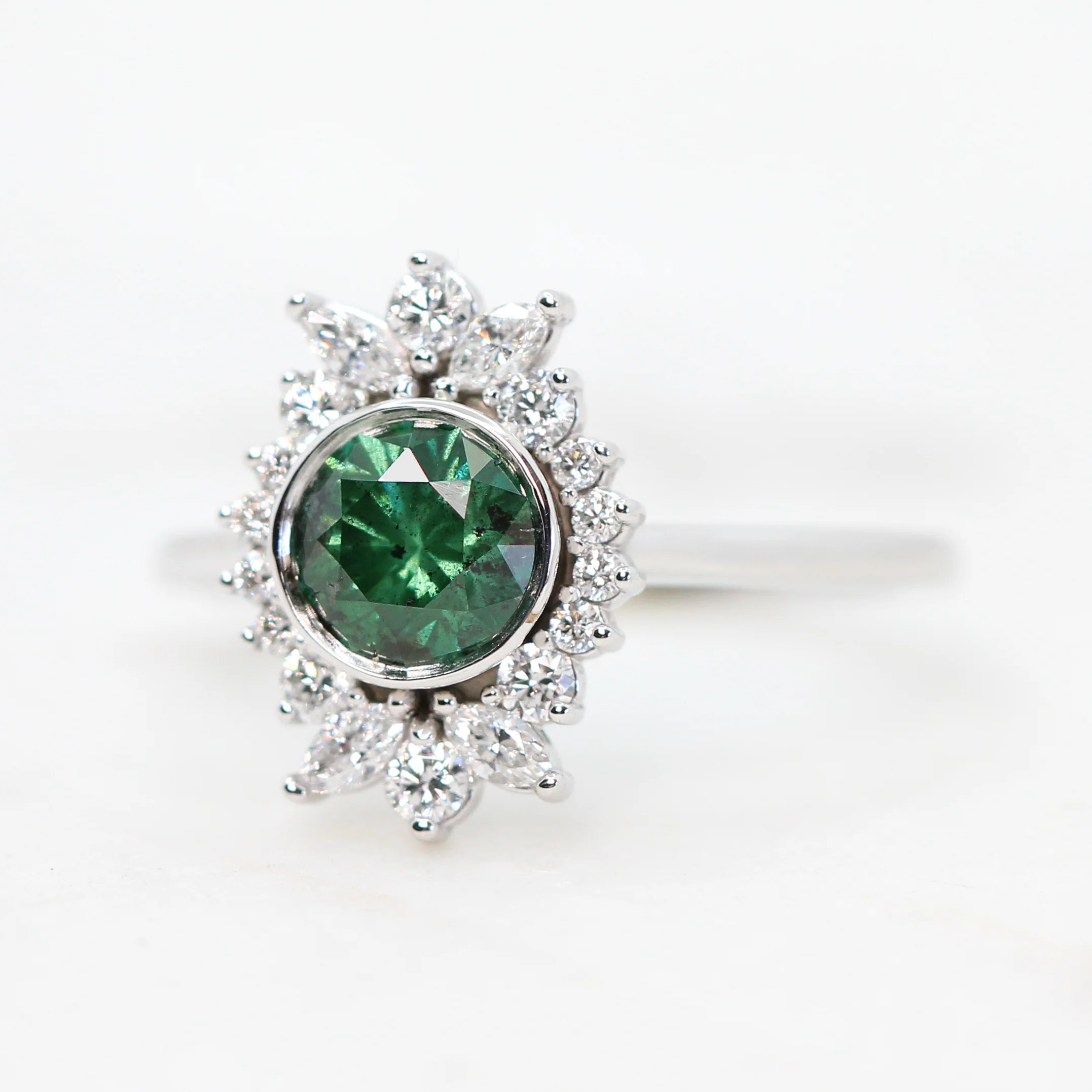 Juliette Ring with a 0.83 Carat Round Green Diamond and White Accent Diamonds in 14k White Gold - Ready to Size and Ship - Image 4