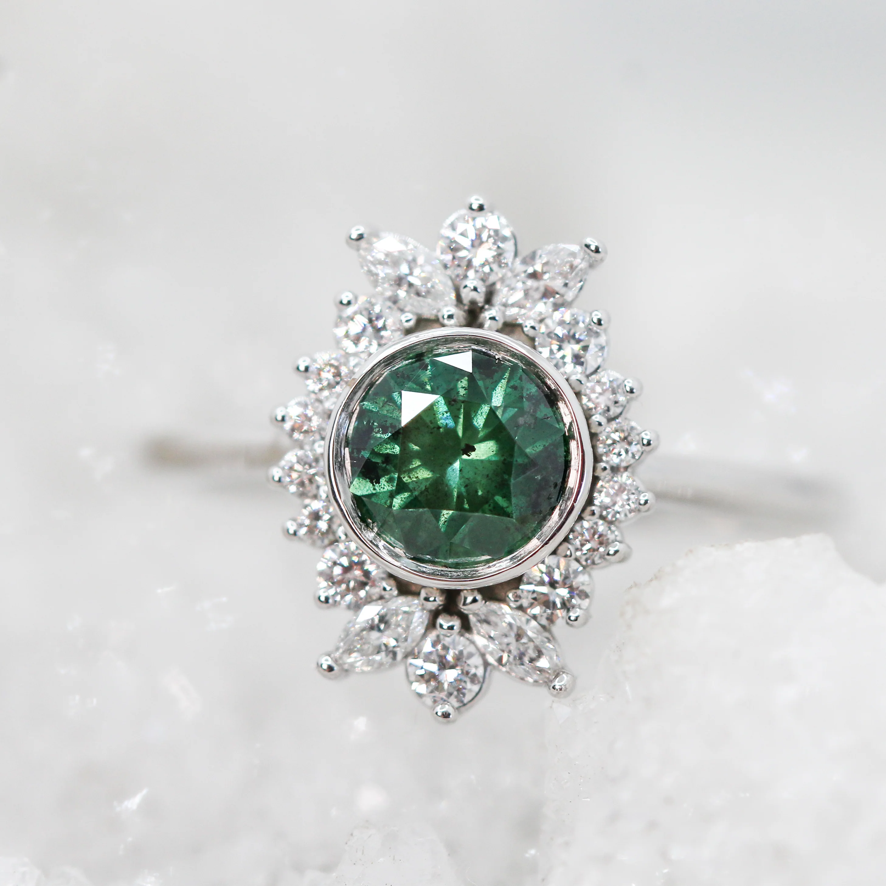 Juliette Ring with a 0.83 Carat Round Green Diamond and White Accent Diamonds in 14k White Gold - Ready to Size and Ship - Image 7