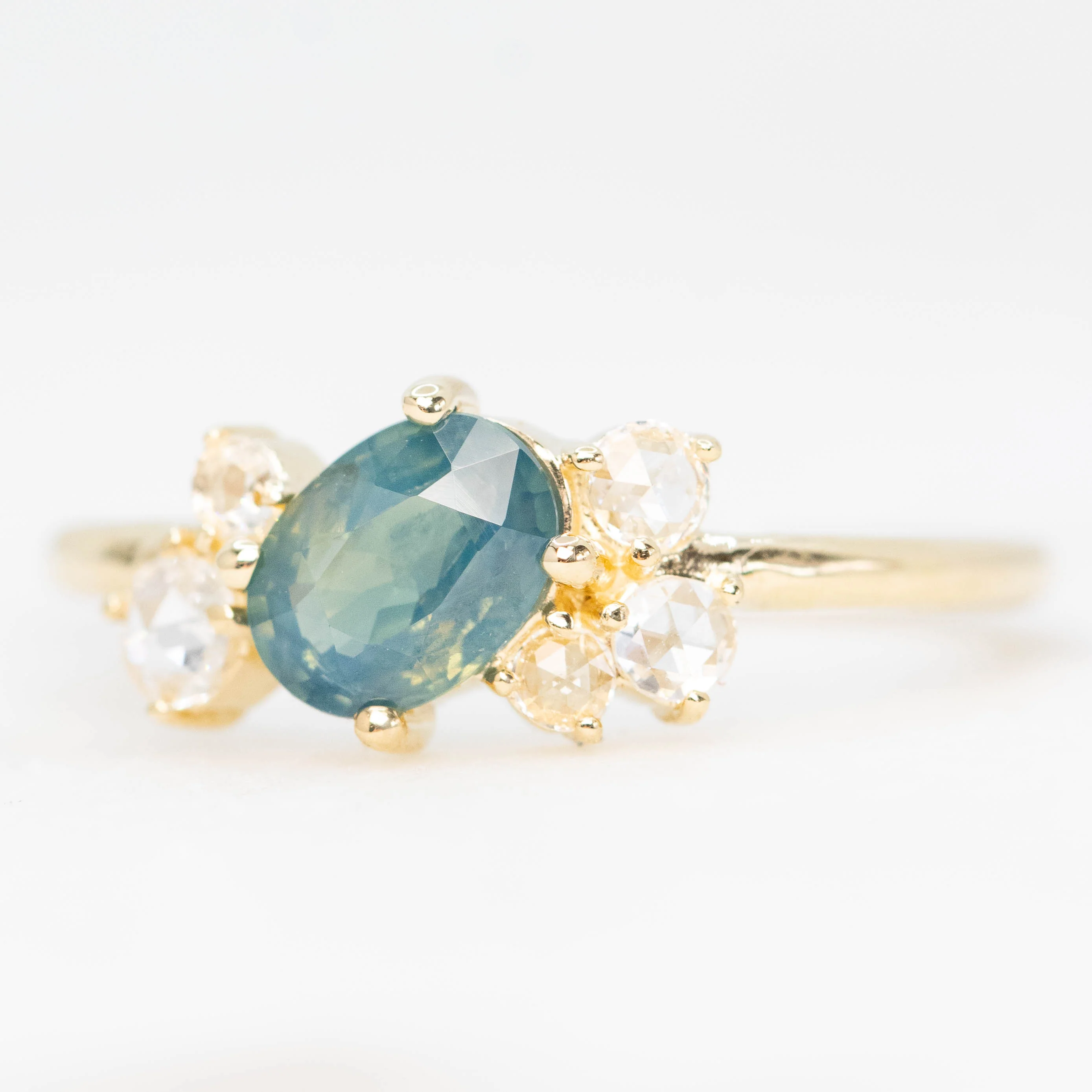 Lexus Ring with a 0.90 Carat Teal Oval Sapphire and Clear Diamond Accents in 10k Yellow Gold - Ready to Size and Ship - Image 3
