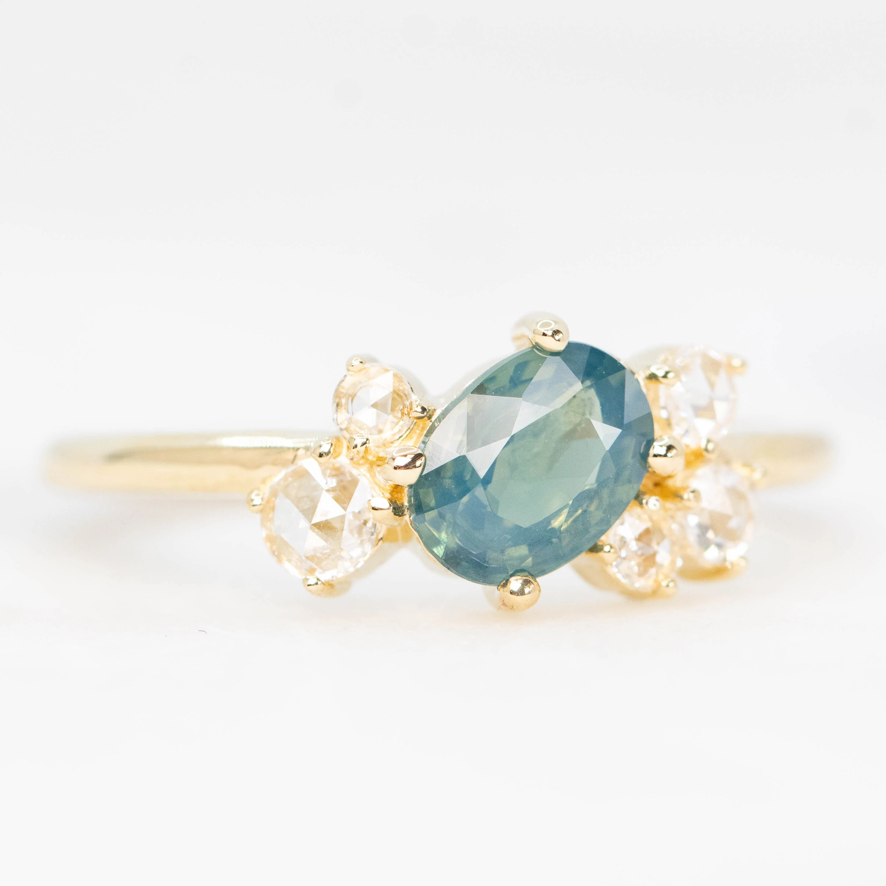 Lexus Ring with a 0.90 Carat Teal Oval Sapphire and Clear Diamond Accents in 10k Yellow Gold - Ready to Size and Ship - Image 4