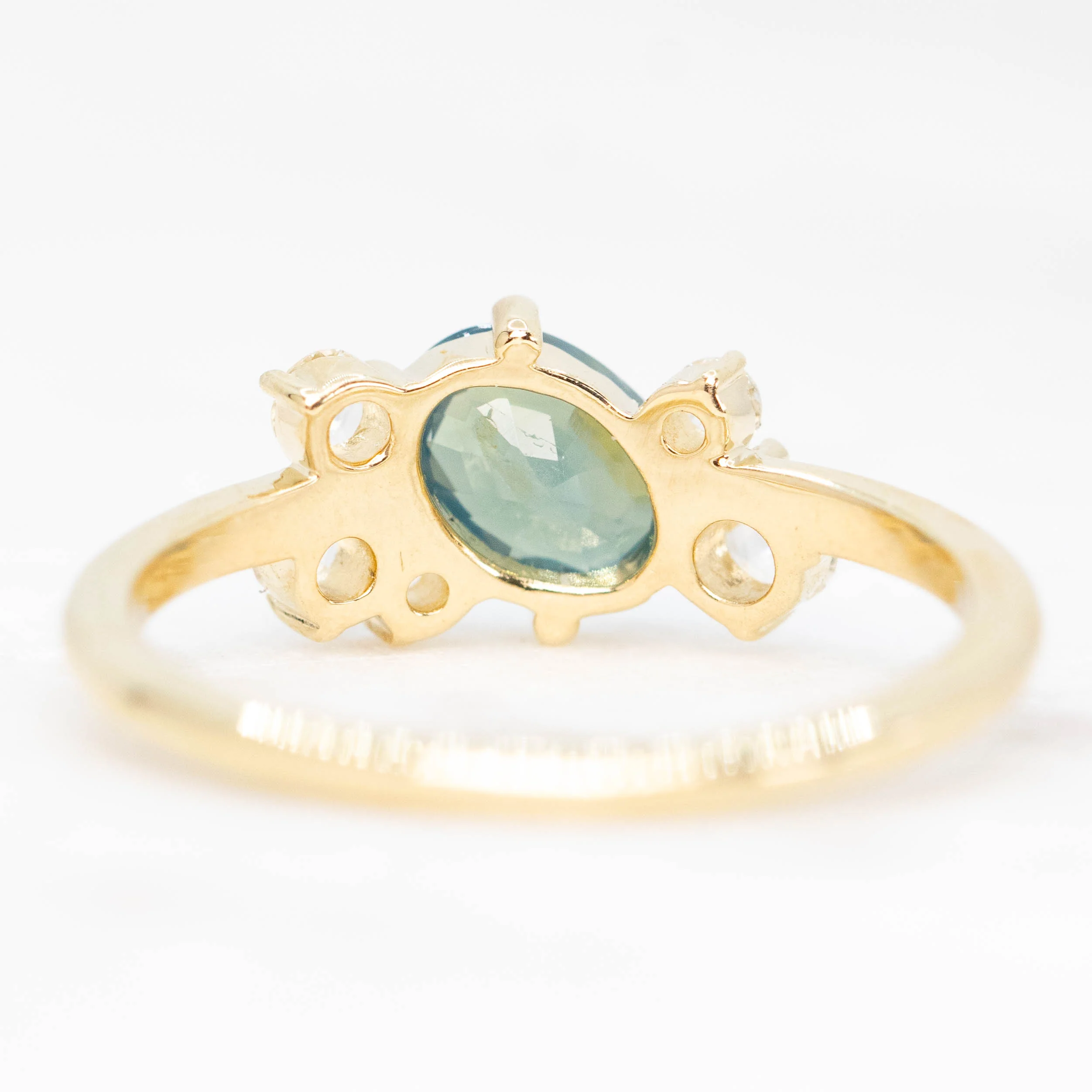 Lexus Ring with a 0.90 Carat Teal Oval Sapphire and Clear Diamond Accents in 10k Yellow Gold - Ready to Size and Ship - Image 6