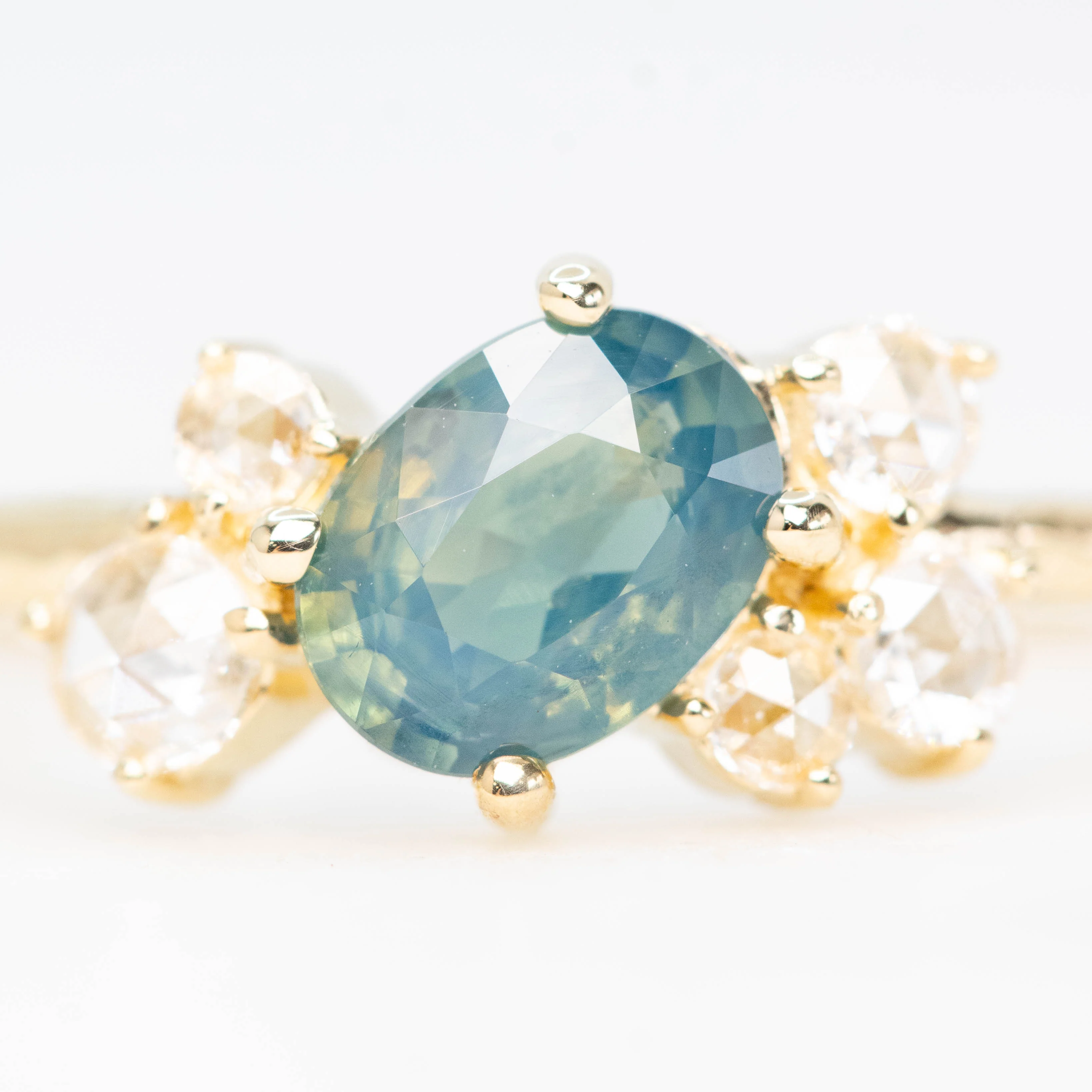 Lexus Ring with a 0.90 Carat Teal Oval Sapphire and Clear Diamond Accents in 10k Yellow Gold - Ready to Size and Ship - Image 7