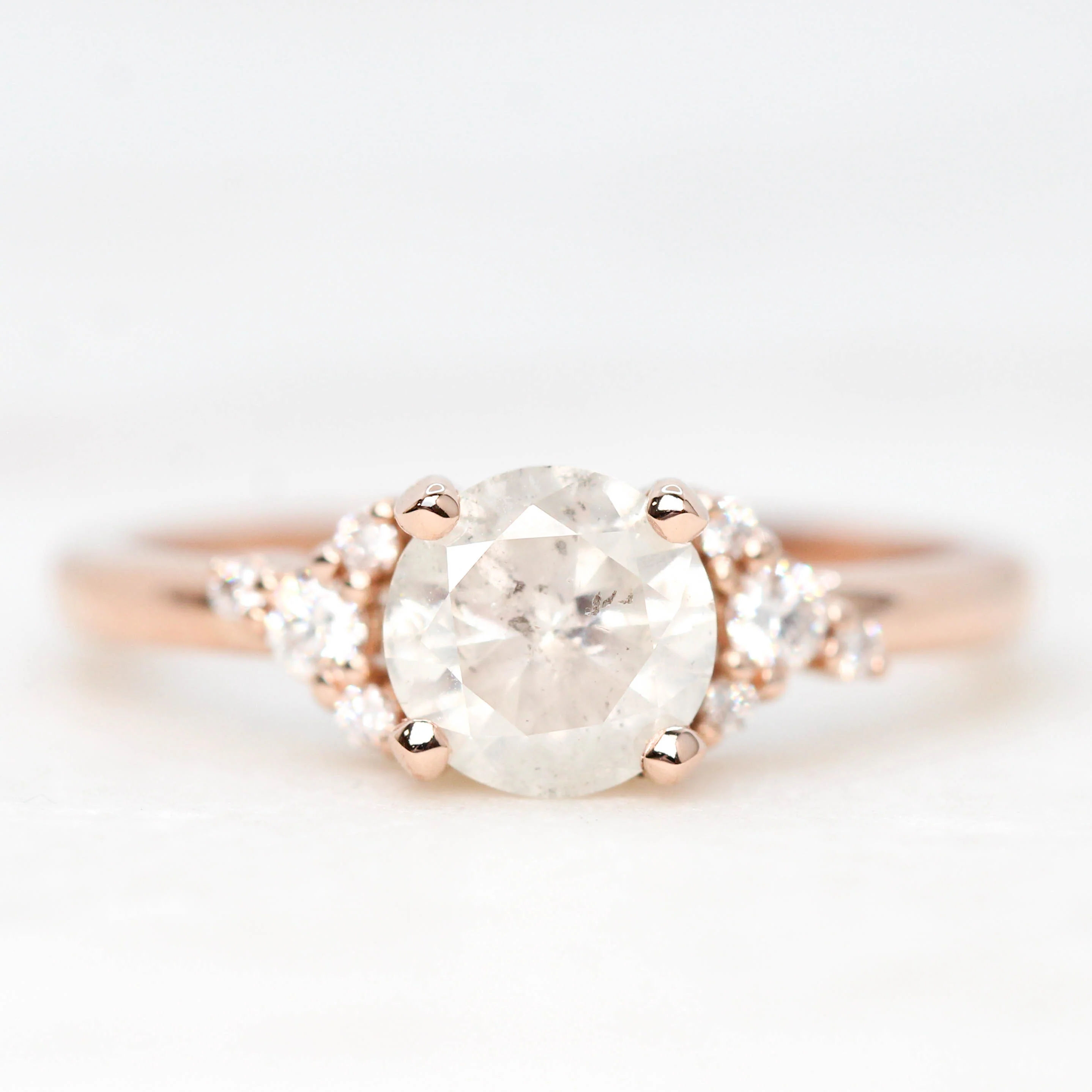 Marley Ring with a 1.05 Carat Round White Salt and Pepper Diamond and White Accent Diamonds in 14k Rose Gold - Ready to Size and Ship